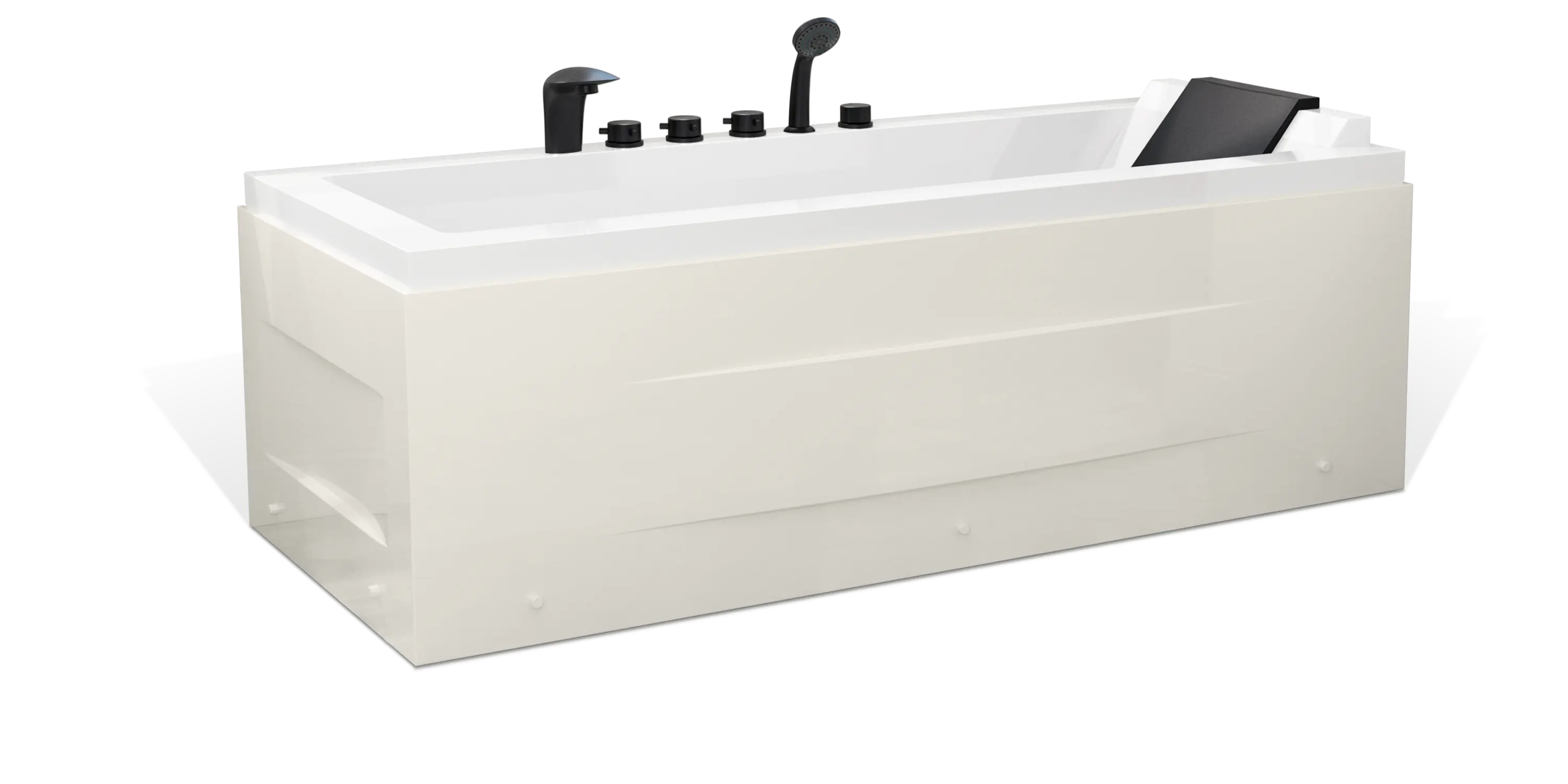 The Empava white bathtub features a built-in seat, black faucet controls, a handheld showerhead, and a small incline for the backrest. This sleek, rectangular tub boasts a smooth finish for an elegant touch.