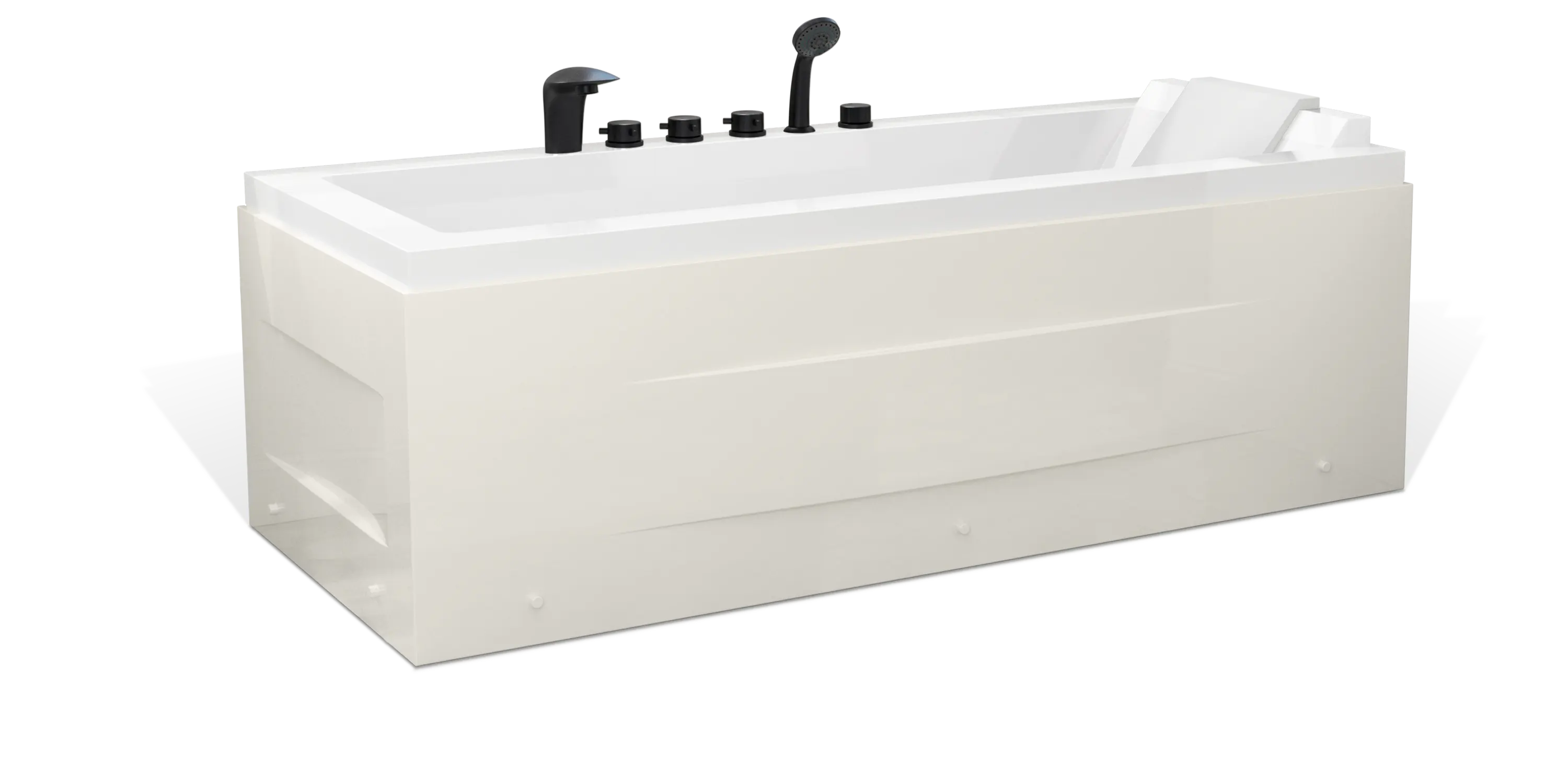 A modern, white rectangular Empava bathtub with sleek black fixtures, including a faucet, knobs, and a handheld showerhead. The tub has a minimalist design, with clean lines and a slightly textured exterior.