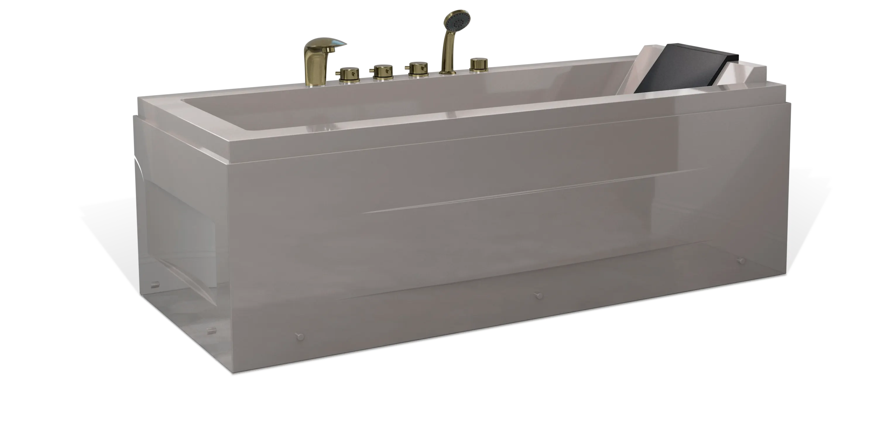 A modern, taupe brown rectangular Empava bathtub, featuring multiple bronze faucets, a showerhead on the side, and a black removable headrest. The bathtub has a sleek, minimalist design with clean lines and a shiny finish.