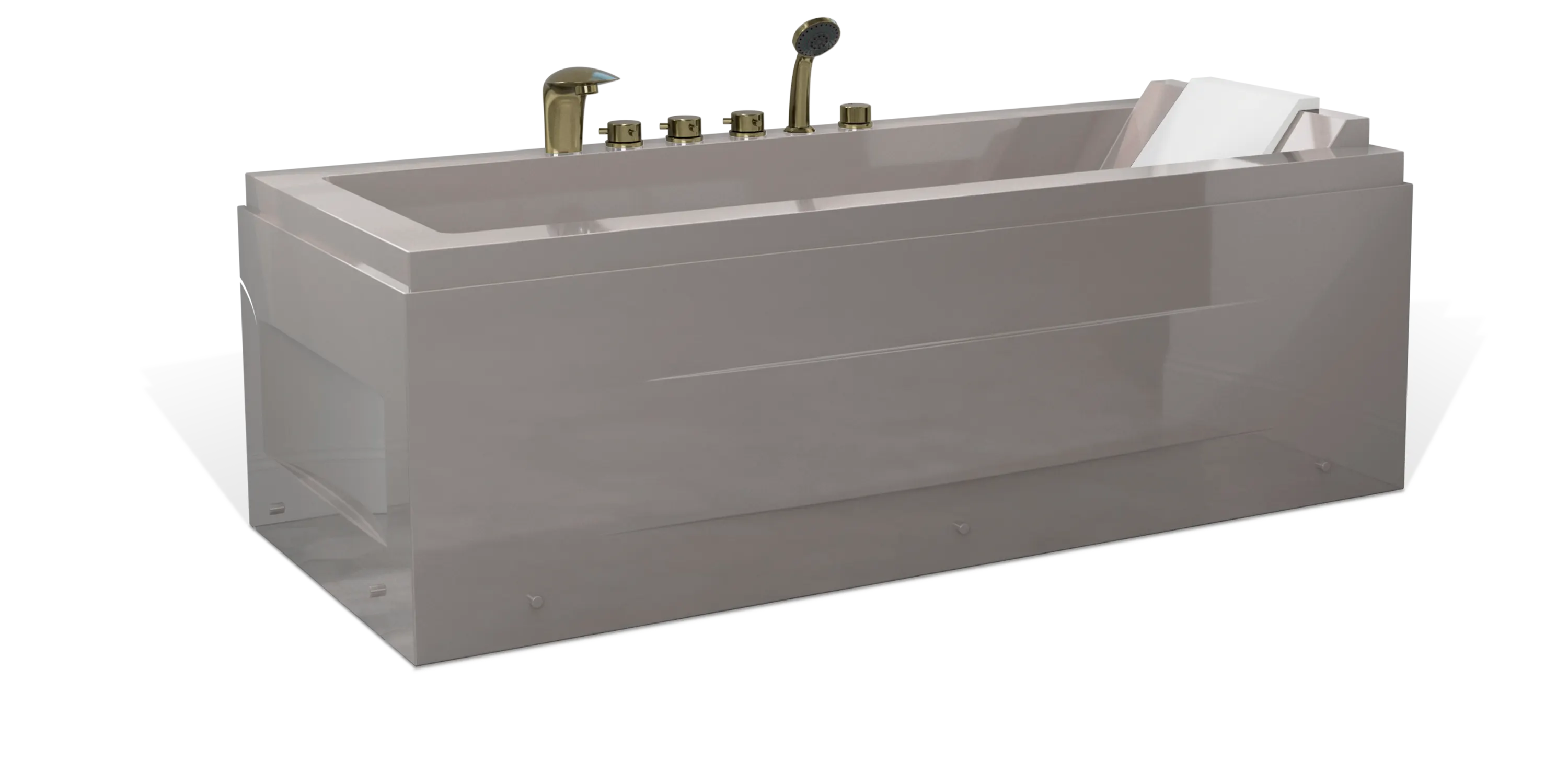 A modern, taupe brown rectangular Empava bathtub, featuring multiple bronze faucets, a showerhead on the side, and a white removable headrest. The bathtub has a sleek, minimalist design with clean lines and a shiny finish.