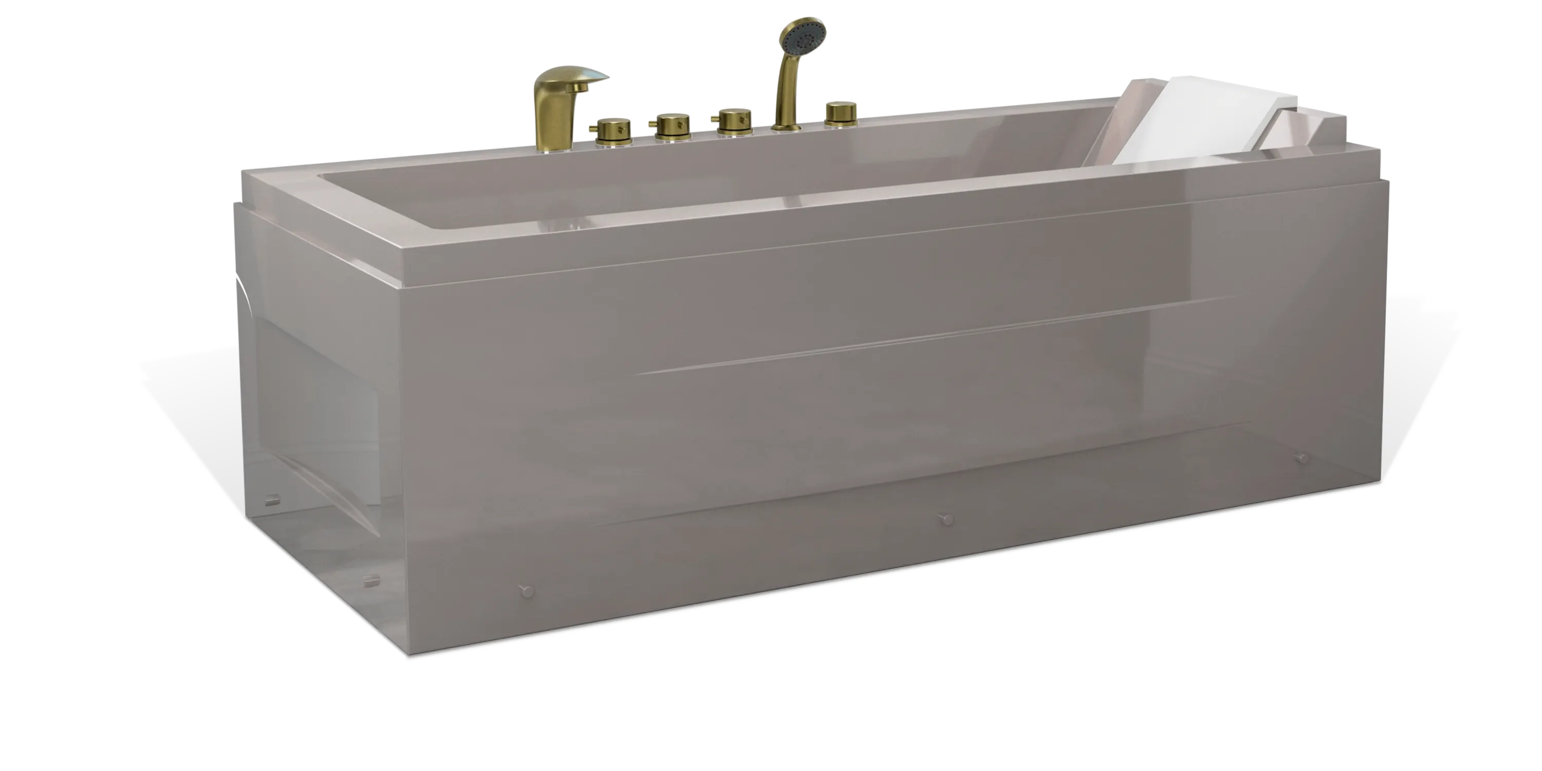 A modern, taupe brown rectangular Empava bathtub, featuring multiple brushed gold faucets, a showerhead on the side, and a white removable headrest. The bathtub has a sleek, minimalist design with clean lines and a shiny finish.