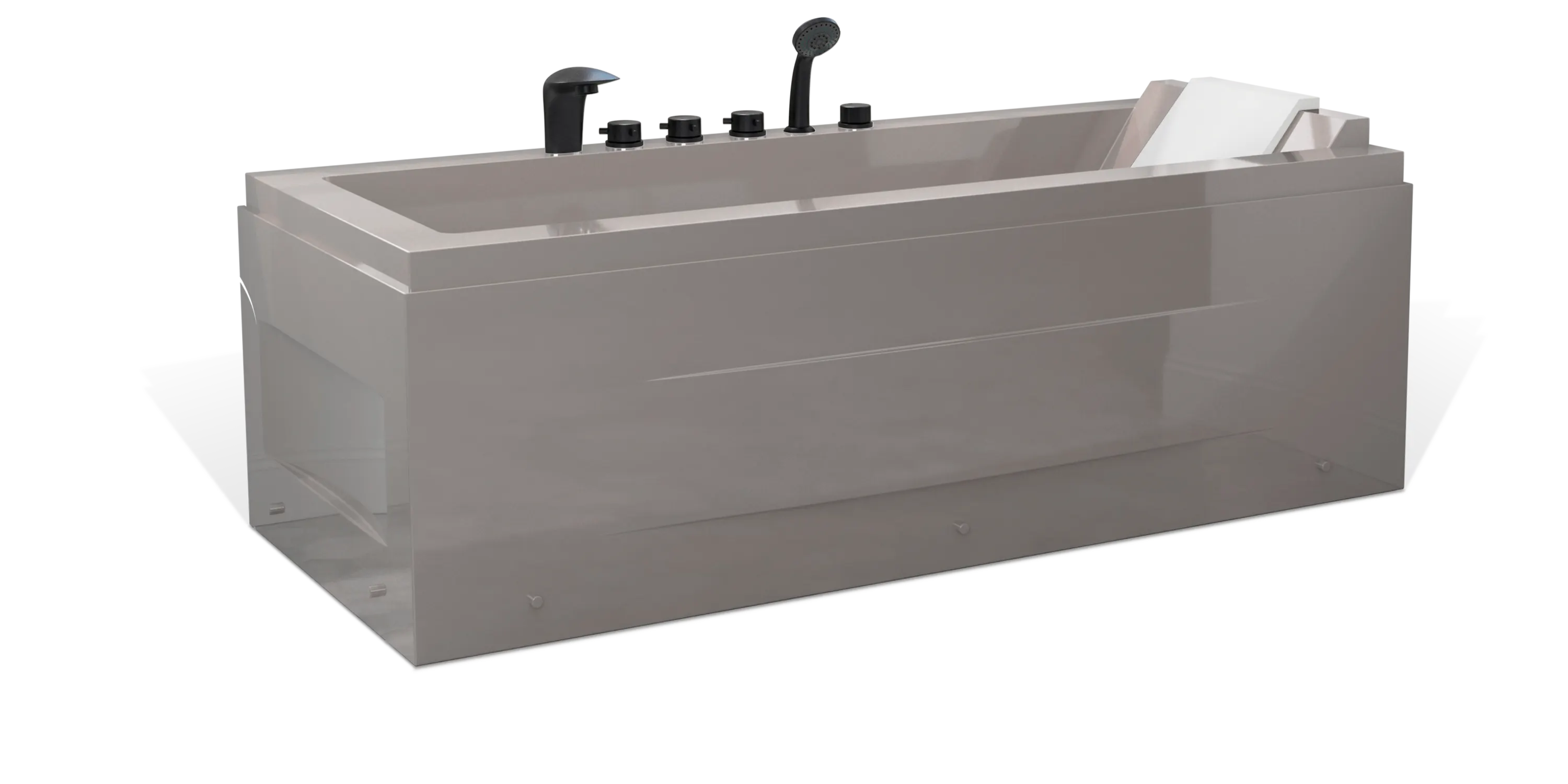 A modern, taupe brown rectangular Empava bathtub, featuring multiple matte black faucets, a showerhead on the side, and a white removable headrest. The bathtub has a sleek, minimalist design with clean lines and a shiny finish.
