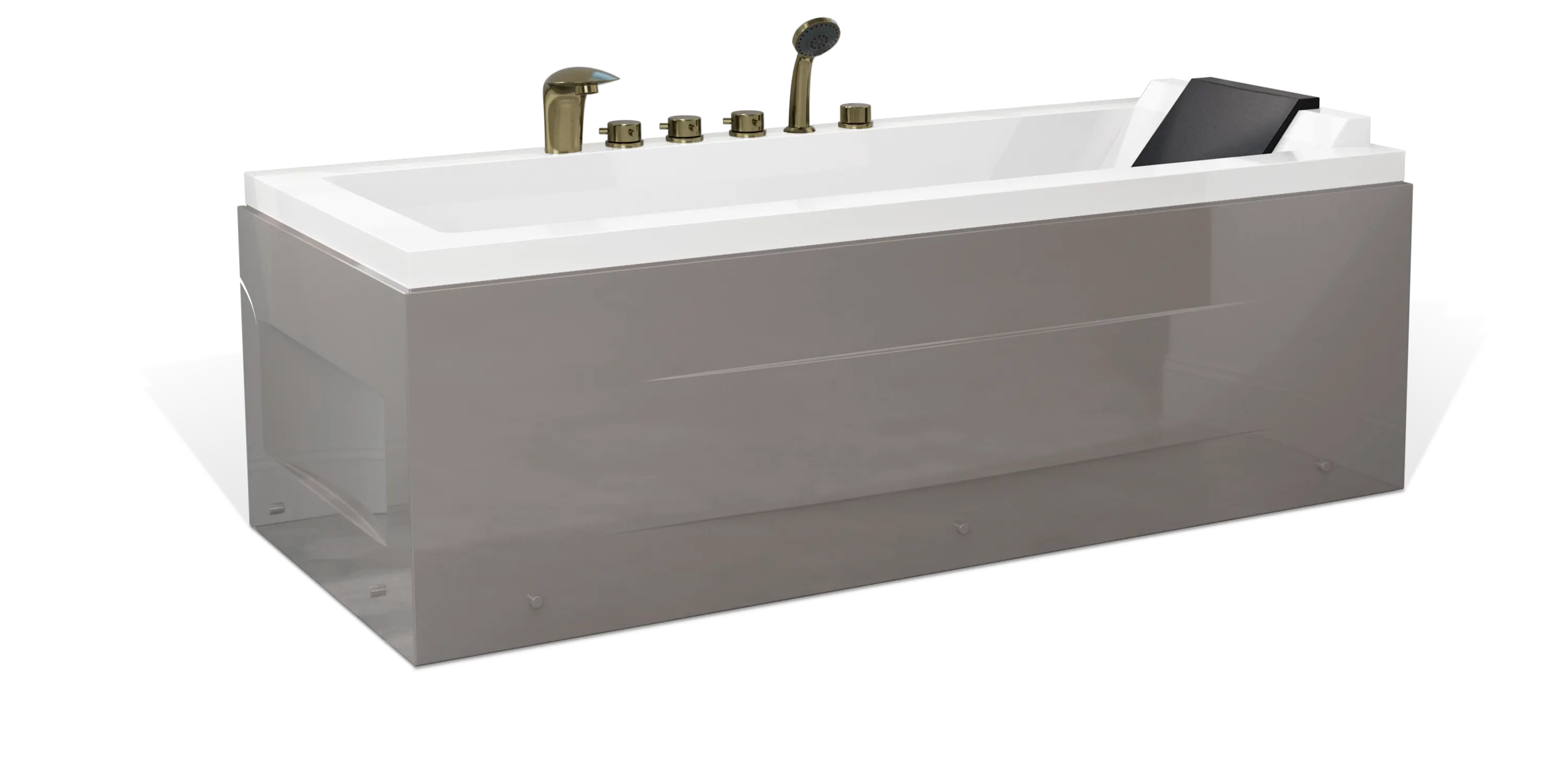 A modern, taupe brown rectangular Empava bathtub with a white interior, featuring multiple bronze faucets, a showerhead on the side, and a black removable headrest. The bathtub has a sleek, minimalist design with clean lines and a shiny finish.