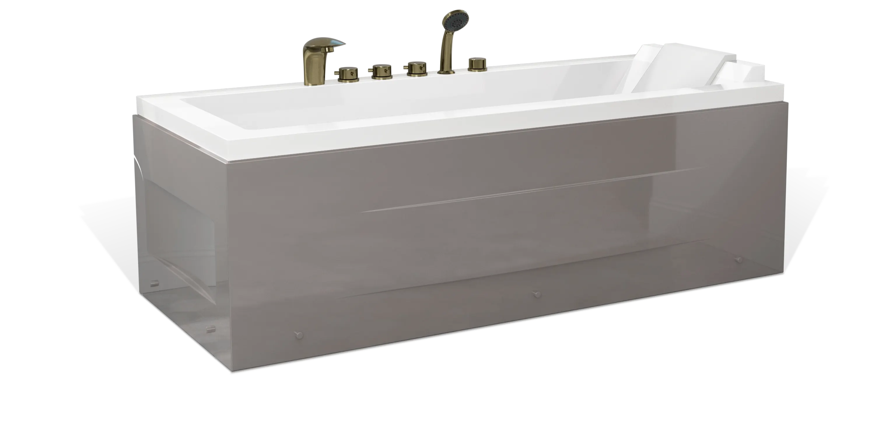 A modern, taupe brown rectangular Empava bathtub with a white interior, featuring multiple bronze faucets, a showerhead on the side, and a white removable headrest. The bathtub has a sleek, minimalist design with clean lines and a shiny finish.