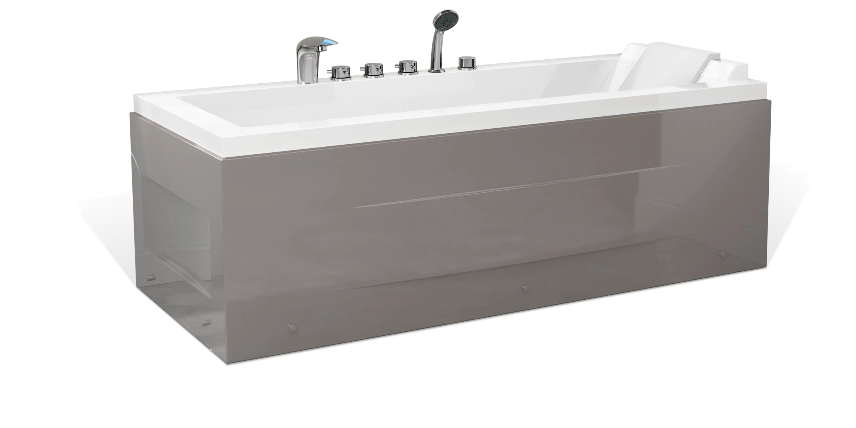 A modern, grey rectangular Empava bathtub with a white interior, featuring multiple silver faucets and a showerhead on the side. The bathtub has a sleek, minimalist design with clean lines and a shiny finish.