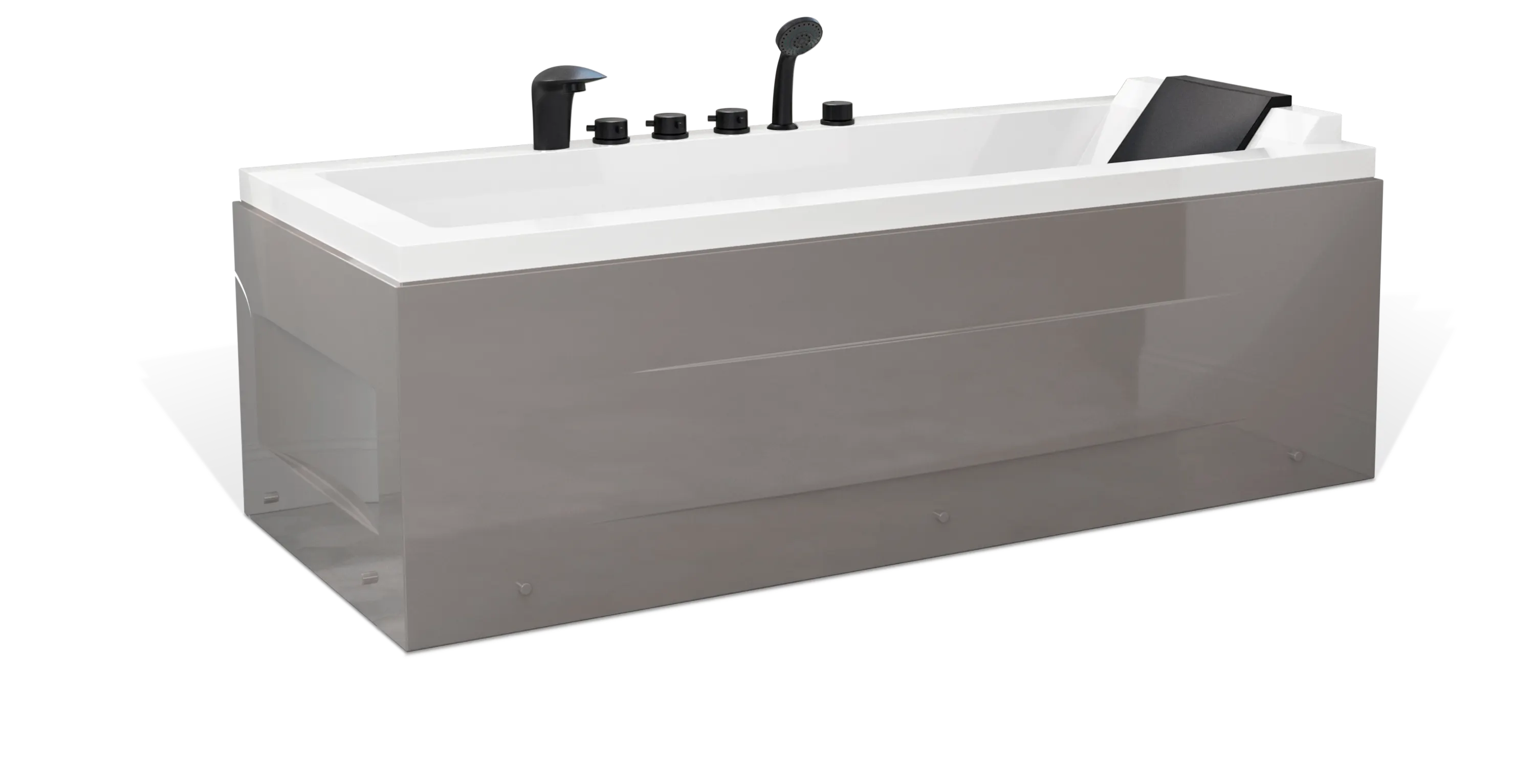 A modern, taupe brown rectangular Empava bathtub with a white interior, featuring multiple matte black faucets, a showerhead on the side, and a black removable headrest. The bathtub has a sleek, minimalist design with clean lines and a shiny finish.