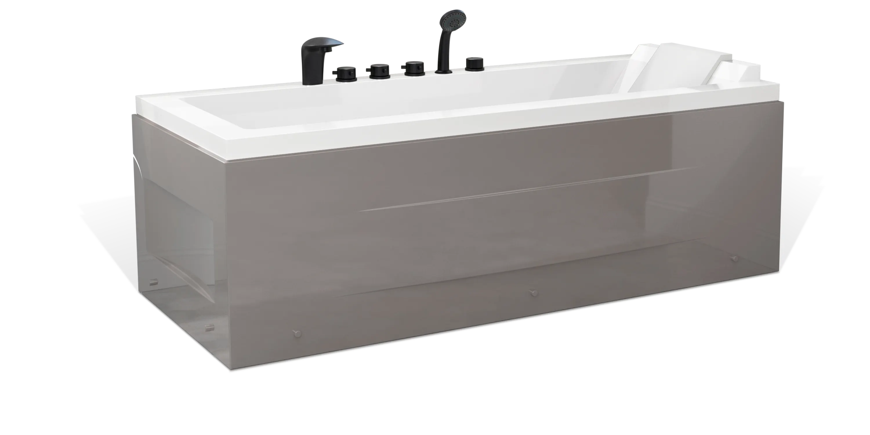 A modern, taupe brown rectangular Empava bathtub with a white interior, featuring multiple matte black faucets, a showerhead on the side, and a white removable headrest. The bathtub has a sleek, minimalist design with clean lines and a shiny finish.