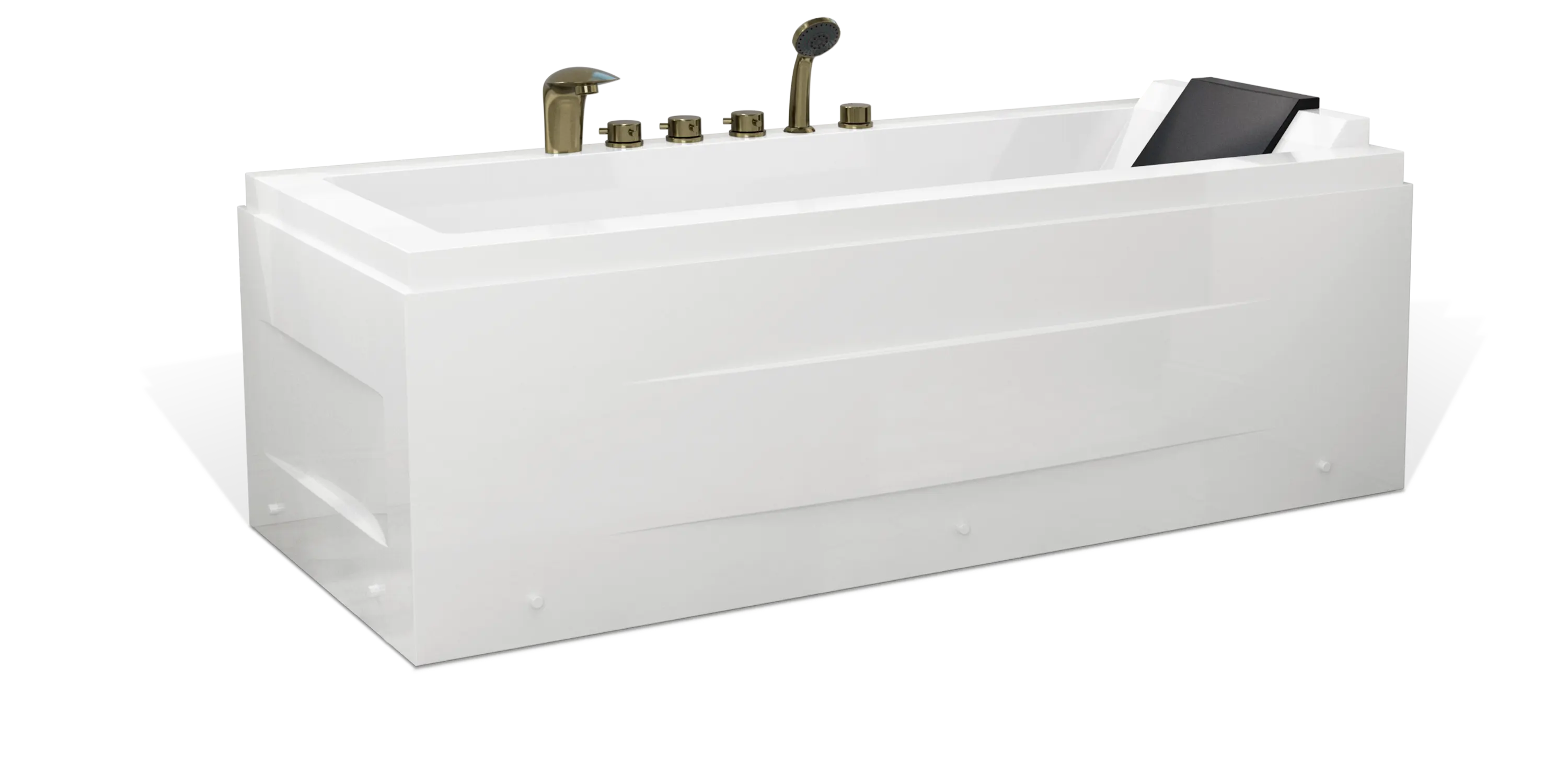 A modern white Empava bathtub with bronze fixtures, including a faucet, handles, and a handheld showerhead. The bathtub has a backrest on one end and appears sleek and minimalist in design.