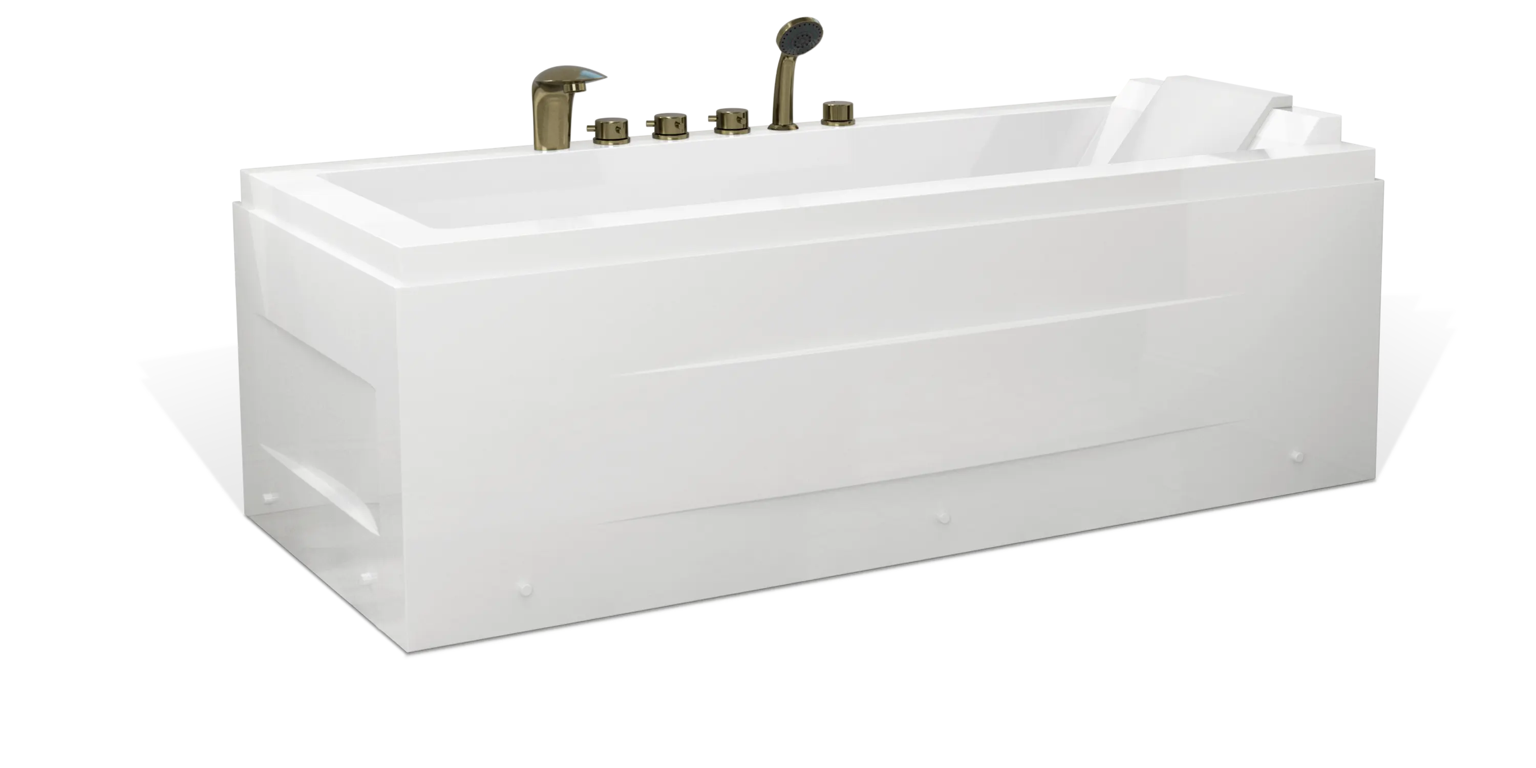 A modern white Empava bathtub with a sleek rectangular design, featuring built-in water fixtures including a faucet, knobs, and a handheld showerhead. The bathtub also has a slanted backrest for added comfort. The background is plain.