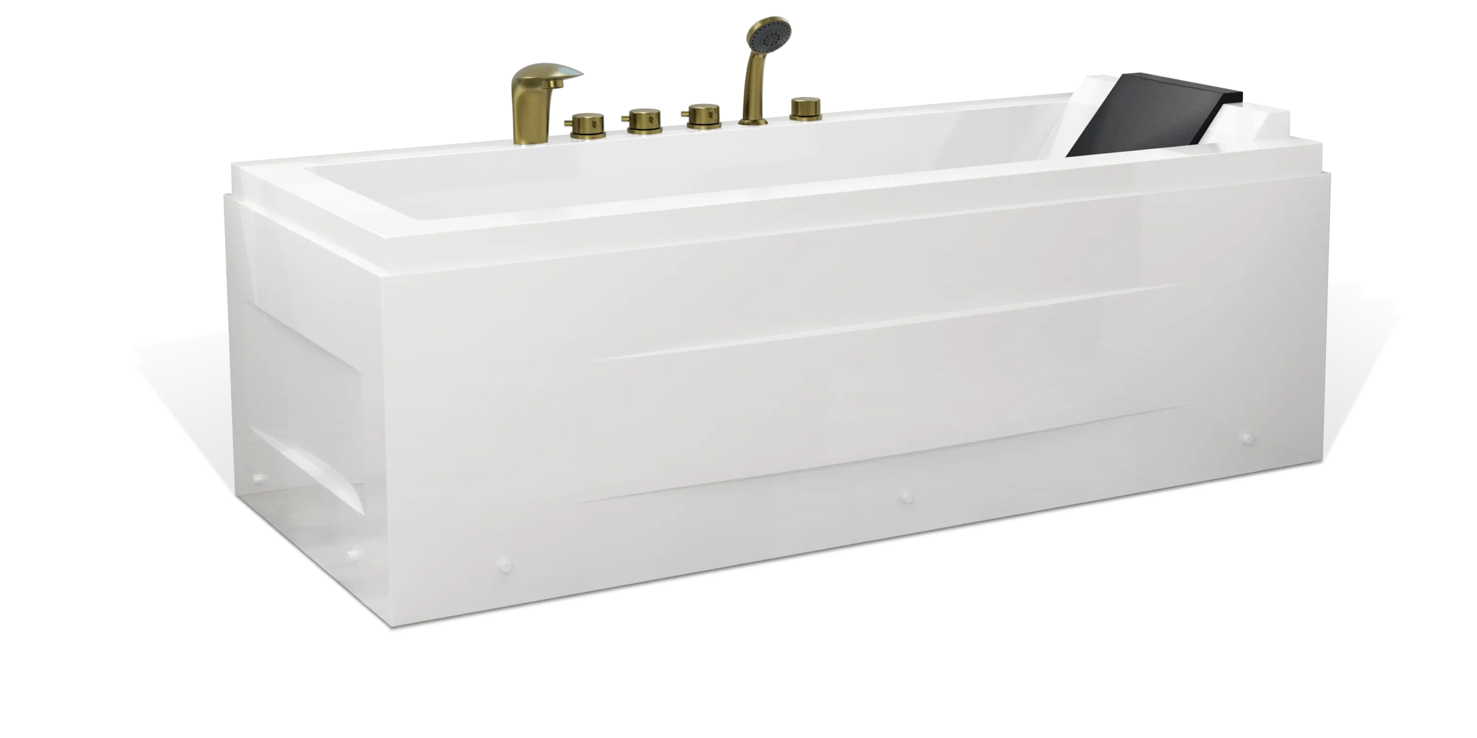 A sleek, modern white bathtub by Empava is equipped with a headrest, gold-colored faucets, and a handheld showerhead. Rectangular in shape with a minimalist design, the interior includes a built-in seat or inclined backrest for added comfort.