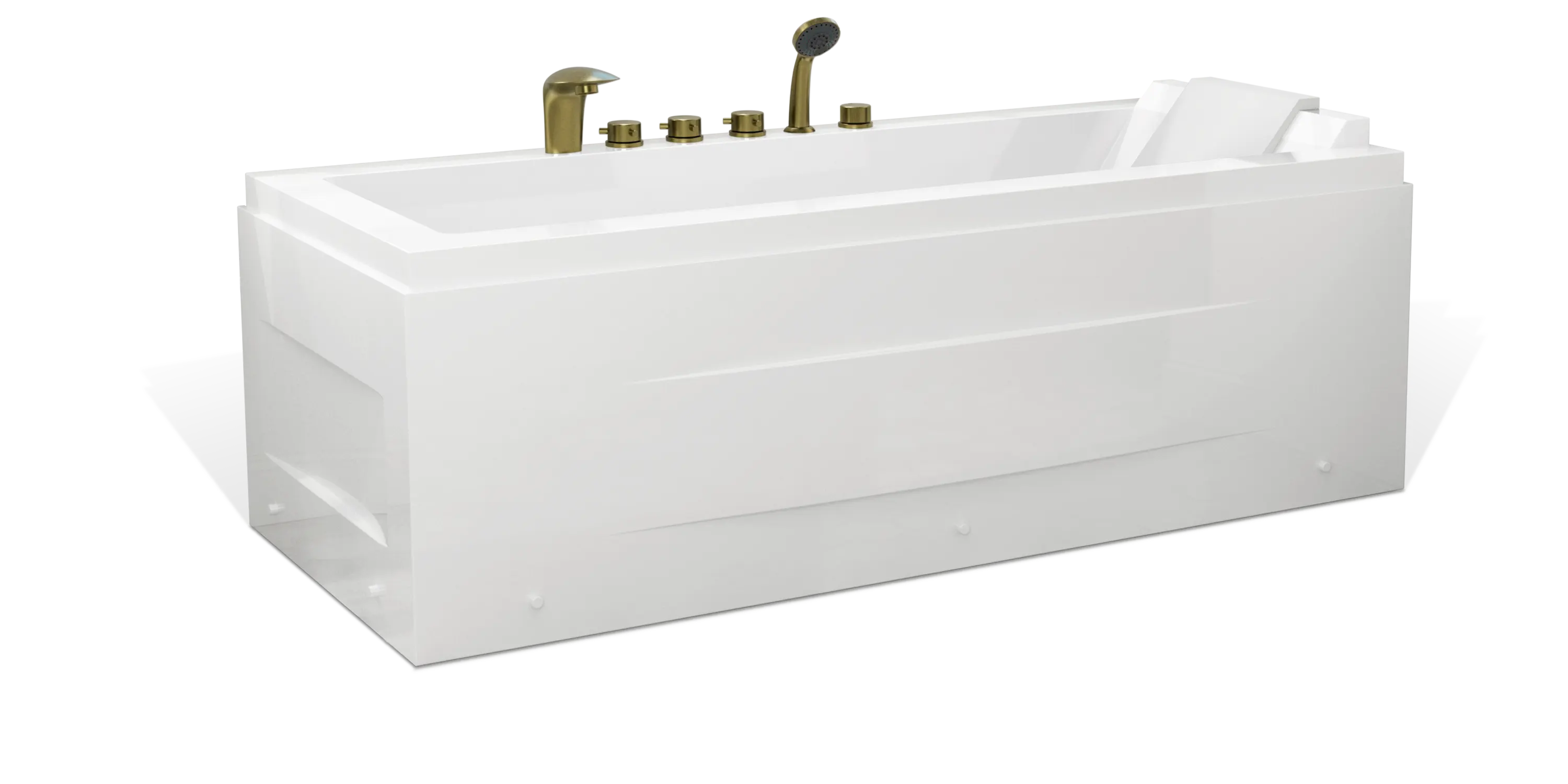 The Empava white rectangular bathtub features brass fixtures, including a faucet, handles, and a handheld showerhead. The tub has a built-in seat on one end and showcases a minimalist, modern design with clean lines and smooth surfaces. The background is transparent.