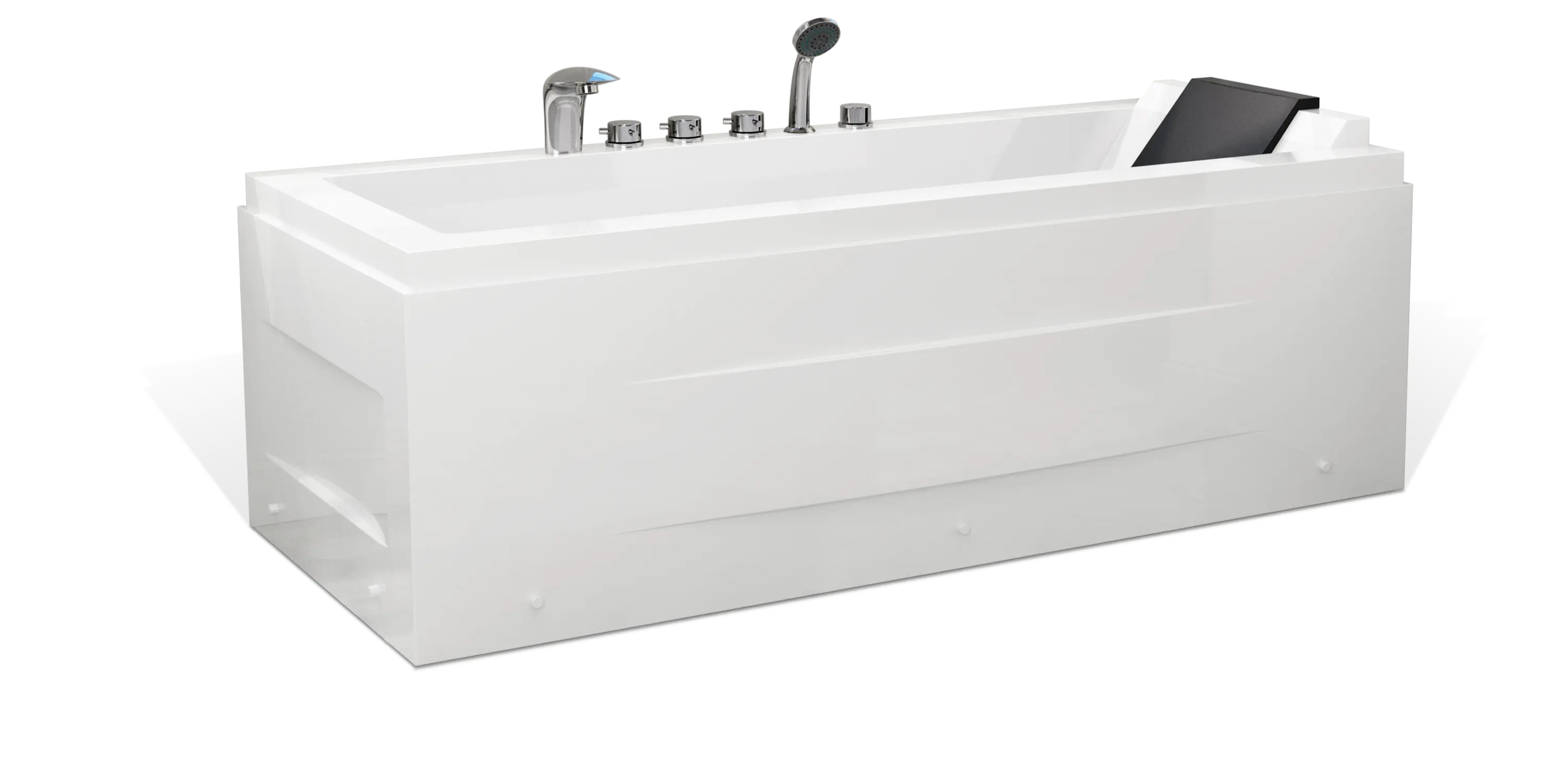 A modern white rectangular Empava bathtub with sleek lines and built-in controls, including a faucet, showerhead, and multiple knobs. The bathtub appears to be set up for a comfortable and luxurious bathing experience.