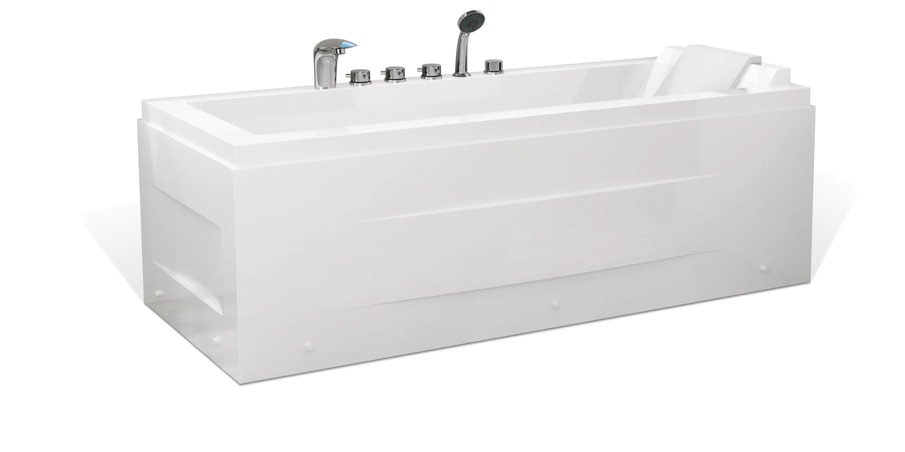 An Empava modern white bathtub with an integrated backrest, multiple faucet controls, and a hand-held shower attachment. The bathtub features a sleek, contemporary design with clean lines and a glossy finish.