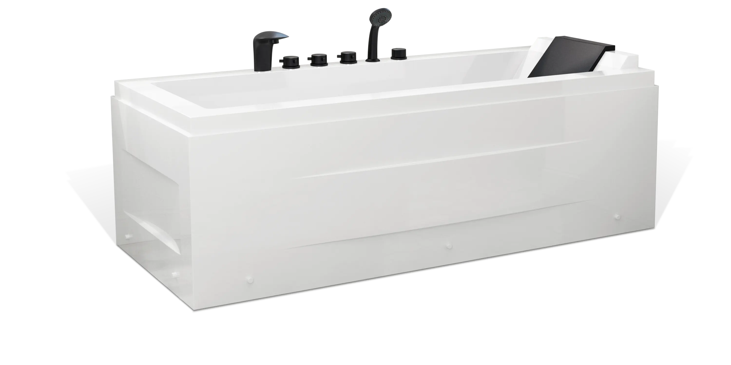 A modern white Empava bathtub featuring a built-in black faucet, multiple control knobs, and a hand shower. The tub has sleek, minimalist lines and is placed on a white background.