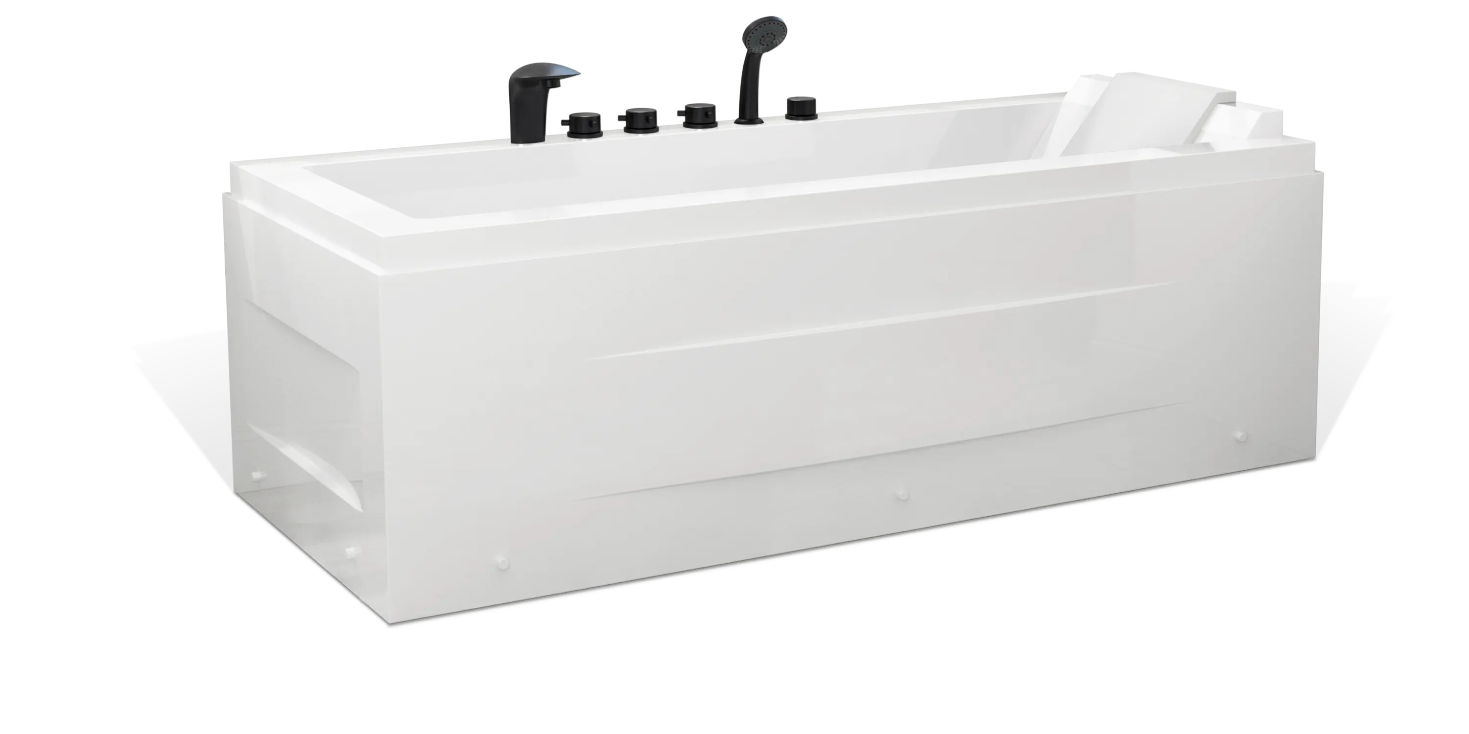 A sleek, modern white bathtub from Empava featuring black faucets and controls. The bathtub has clean lines and a high-gloss finish, with a slightly inclined backrest for comfort. The black fixtures include a showerhead and multiple control knobs for water settings.