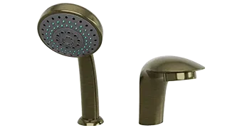 A set of two Empava brass-toned bathroom fixtures: a handheld showerhead with multiple spray nozzles on the left and a sleek, curved faucet on the right. Both fixtures boast a modern design and a smooth, polished finish.