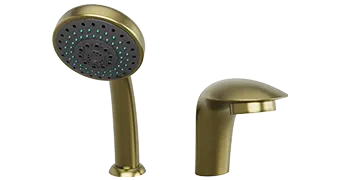 An elegant brushed brass Empava showerhead with a black face featuring multiple small green nozzles is positioned next to a matching curved spout against a plain background.