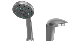 A gray wall-mounted handheld showerhead with multiple green-tipped nozzles sits beside a matching curved bathtub spout by Empava. Both fixtures exhibit a modern design and sleek metallic finish, with the showerhead featuring nozzles aligned in circular patterns for an elegant touch.