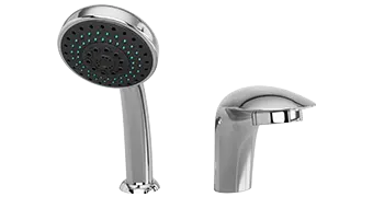 A shiny chrome Empava handheld showerhead with multiple jets on the left, and a matching chrome bathtub faucet on the right. Both fixtures have a modern, sleek design.