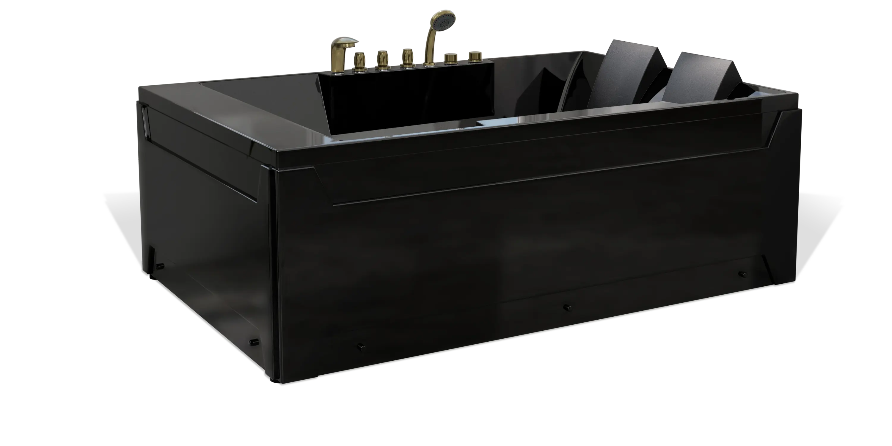 A sleek, black Empava rectangular bathtub with an inclined backrest for comfort. It features several metallic control knobs, a handheld showerhead, and a tall faucet on the side. The design is modern and minimalist, with clean lines and a glossy finish.