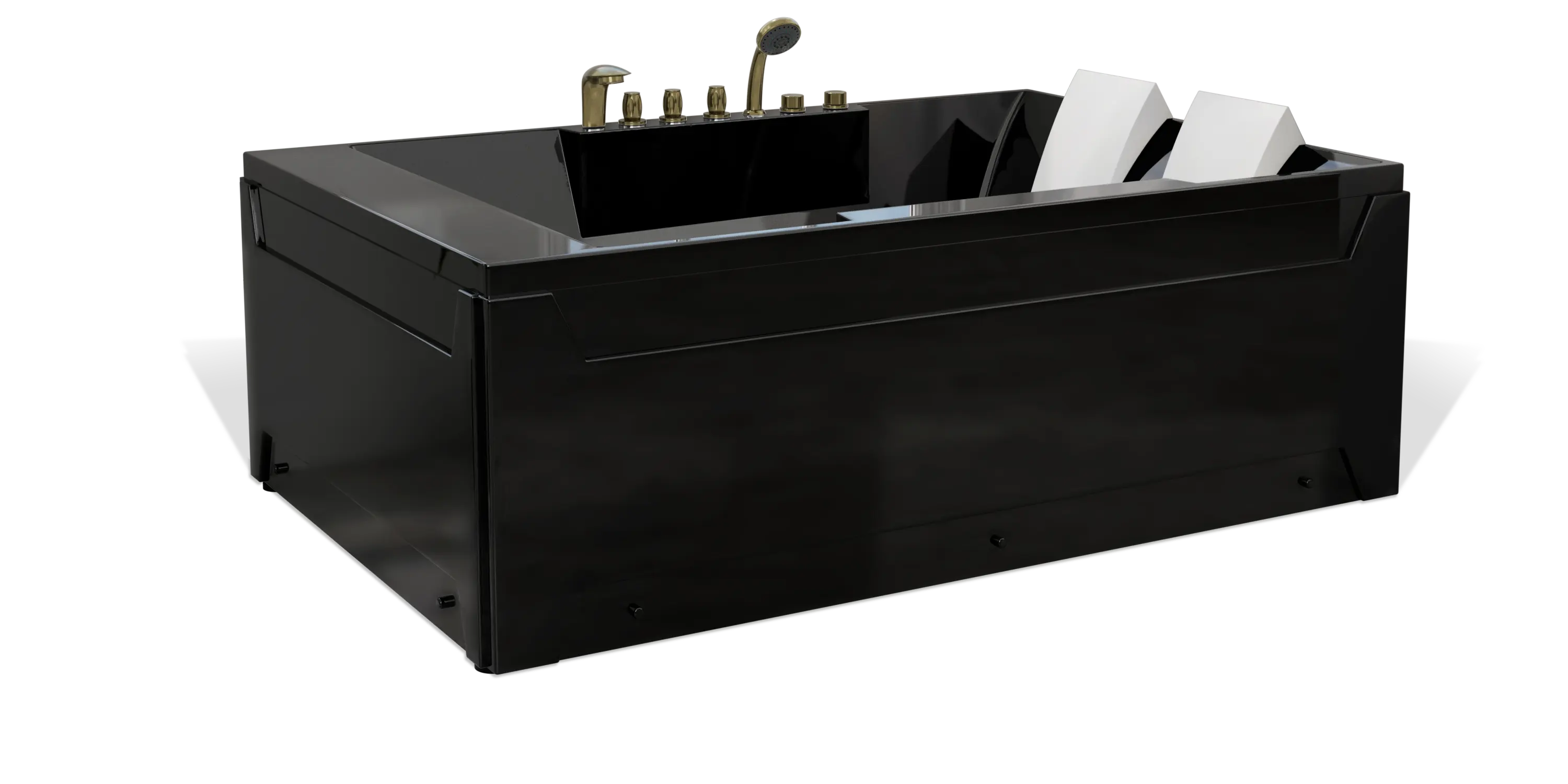 A sleek, black rectangular bathtub by Empava with a modern design, featuring dual white headrests and a set of chrome faucet fixtures, including a handheld showerhead, installed on the far side of the tub.