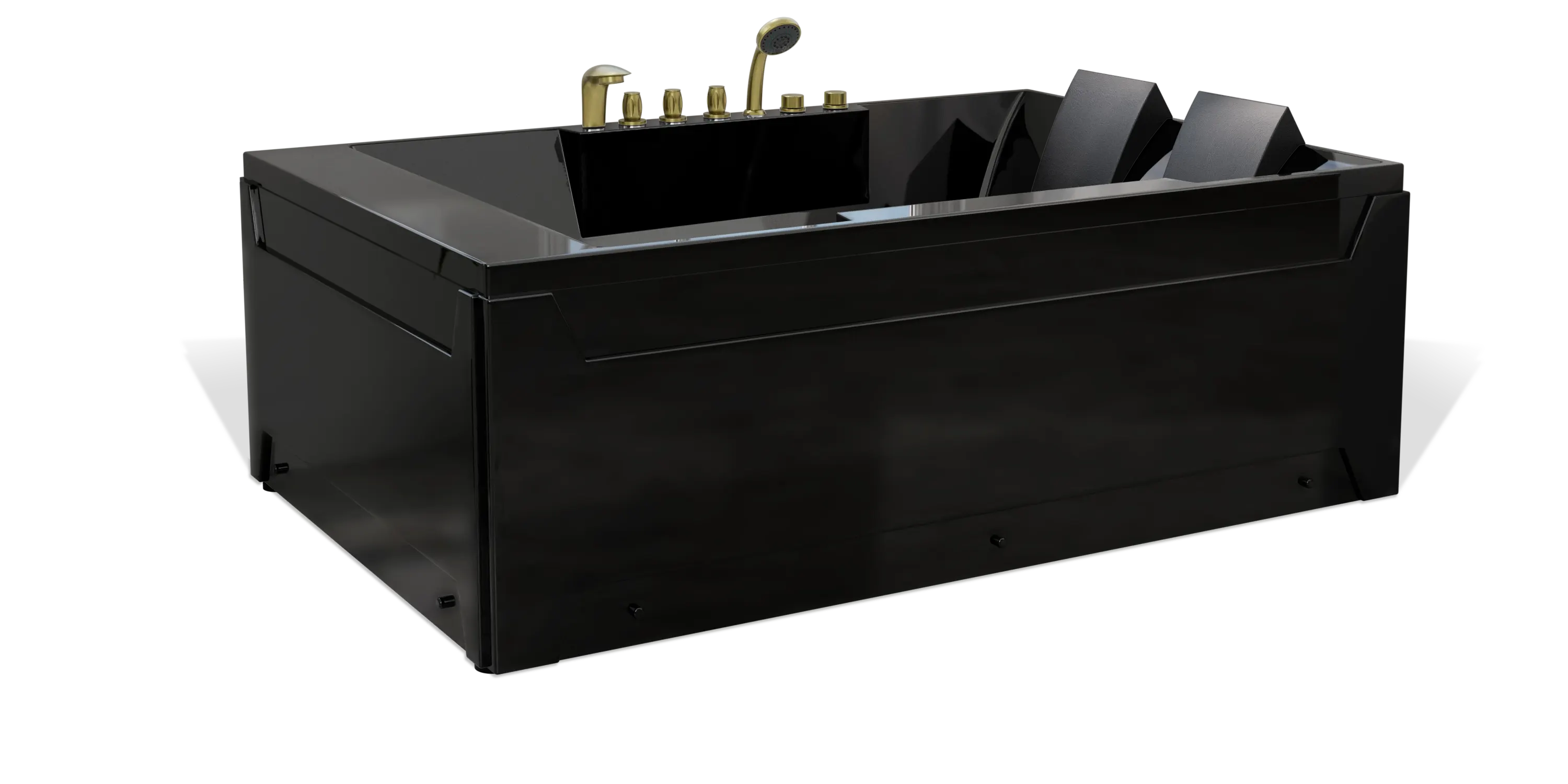 A modern black Empava bathtub featuring a sleek design with clean lines. It includes dual backrests for added comfort and a gold faucet with separate controls. The bathtub is isolated on a white background.
