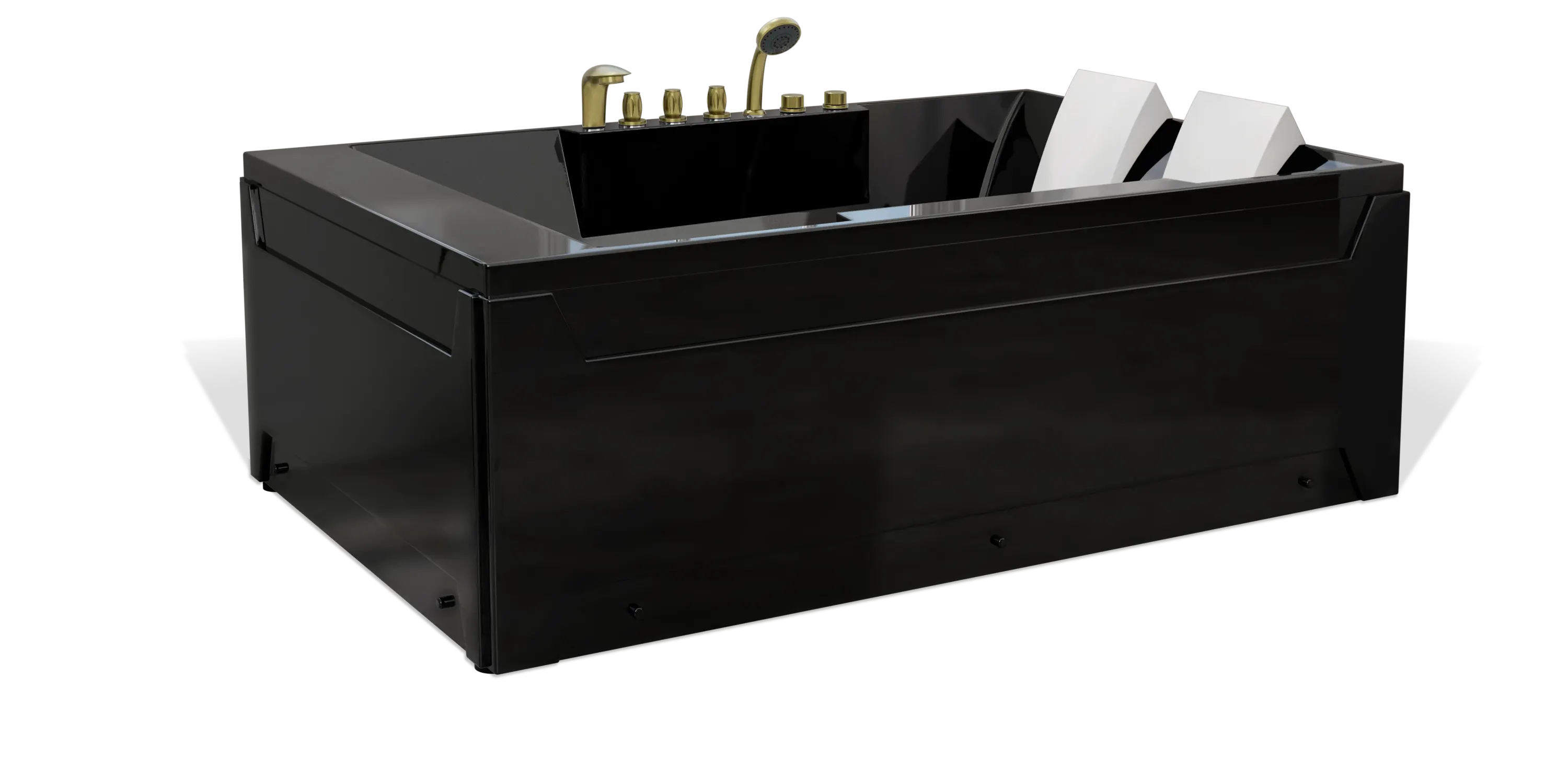 A sleek, modern black Empava bathtub with gold fixtures and a high-shine finish. The tub has an integrated, angled backrest on one side for added comfort.