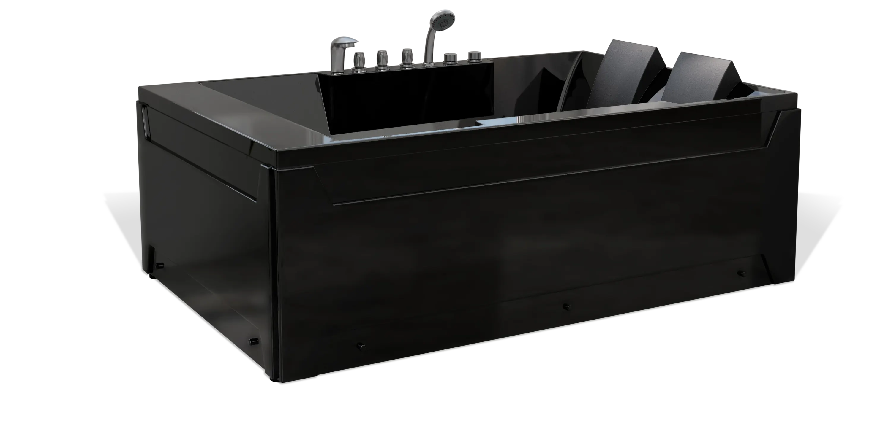 A sleek, modern black Empava bathtub features chrome fixtures, including a faucet and hand shower attachment. The tub design includes two raised headrests for comfort and relaxation. The tub's contemporary aesthetic is emphasized by its angular lines and clean finish.