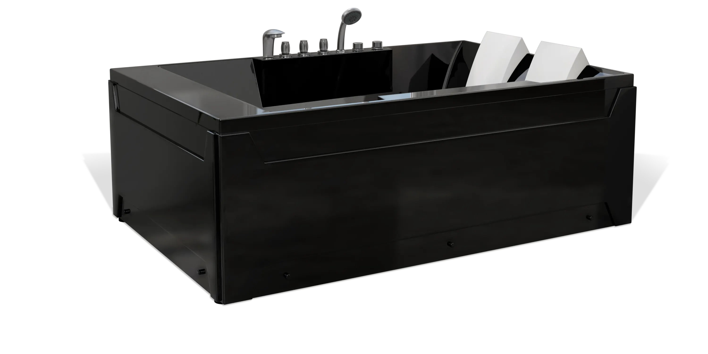 A sleek, modern black bathtub by Empava with a built-in faucet and showerhead. It has two white headrests on the inside, providing comfort for two people. The design is contemporary, featuring clean lines and a minimalist aesthetic.