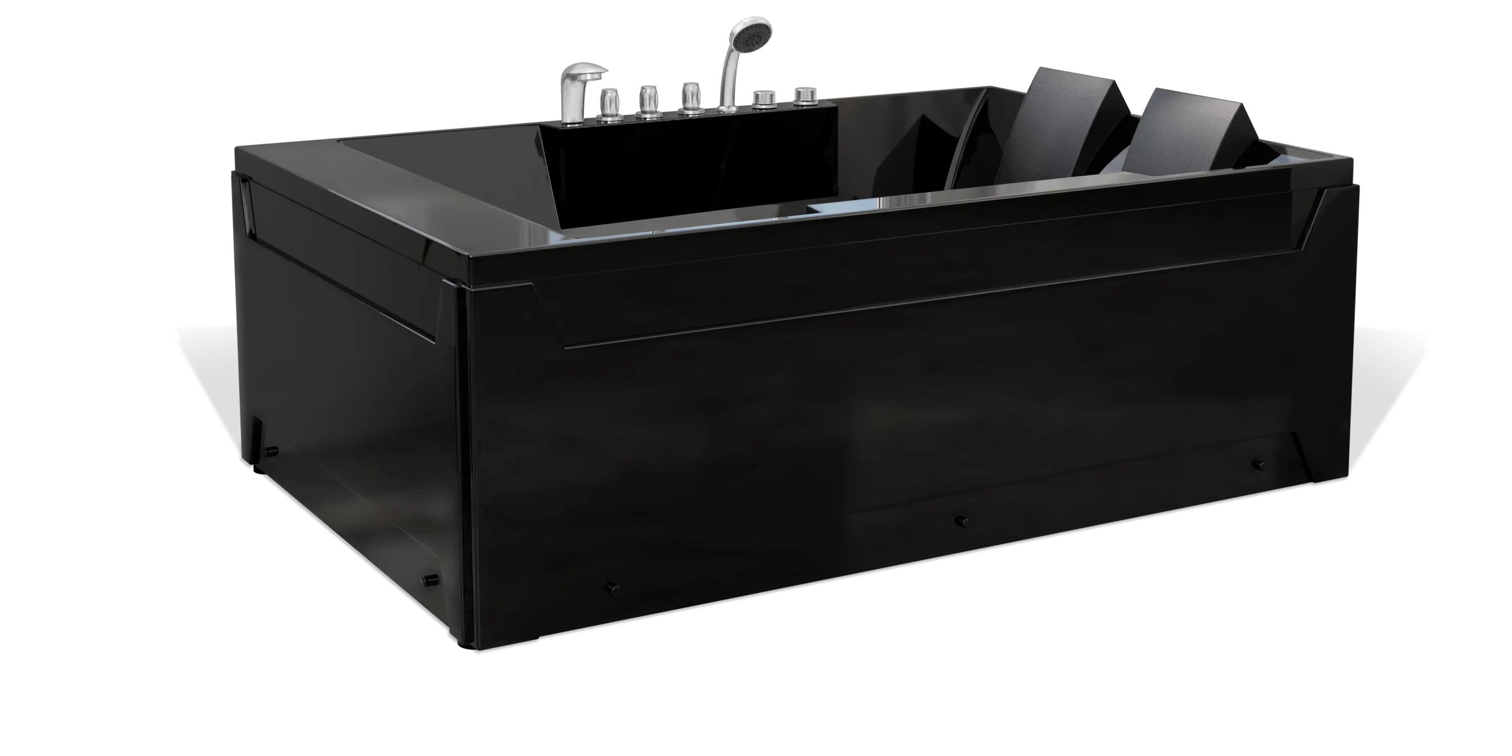 An Empava black, rectangular bathtub with built-in seating and a sleek modern design. It features a set of chrome fixtures, including a faucet, handheld showerhead, and control knobs. The bathtub has a glossy finish and is set against a plain white background.