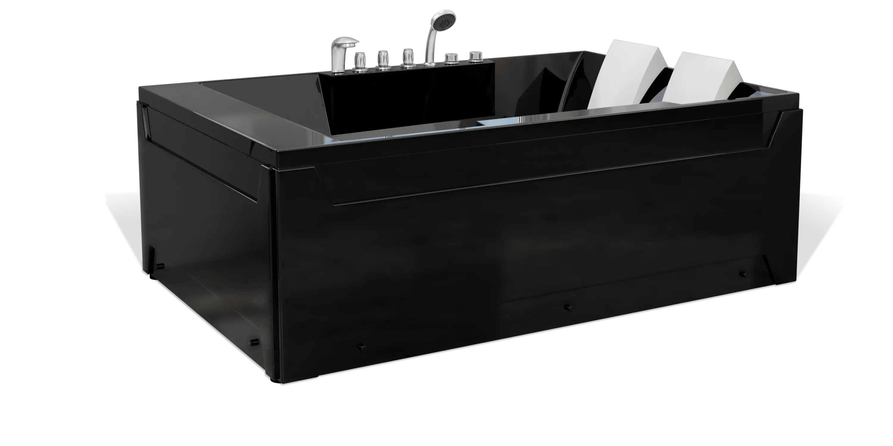 A sleek, modern black Empava bathtub with chrome handles and fixtures. The tub has a rectangular shape with smooth, clean lines and features a white headrest for added comfort.