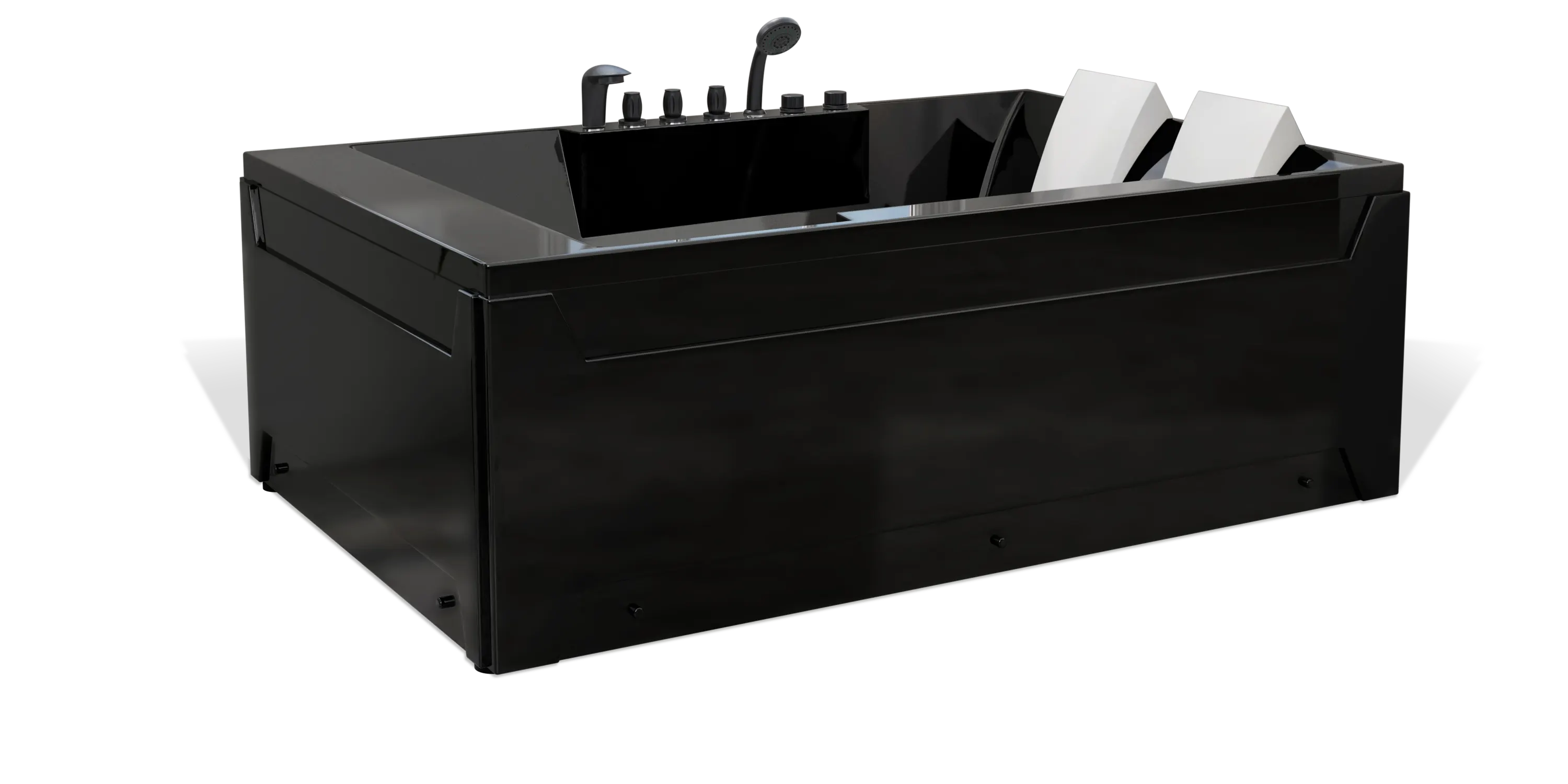 A stylish black rectangular bathtub from Empava, featuring a modern design with chrome fixtures and two inclined white headrests. The sleek and minimalist appearance suggests a contemporary bathroom setting.