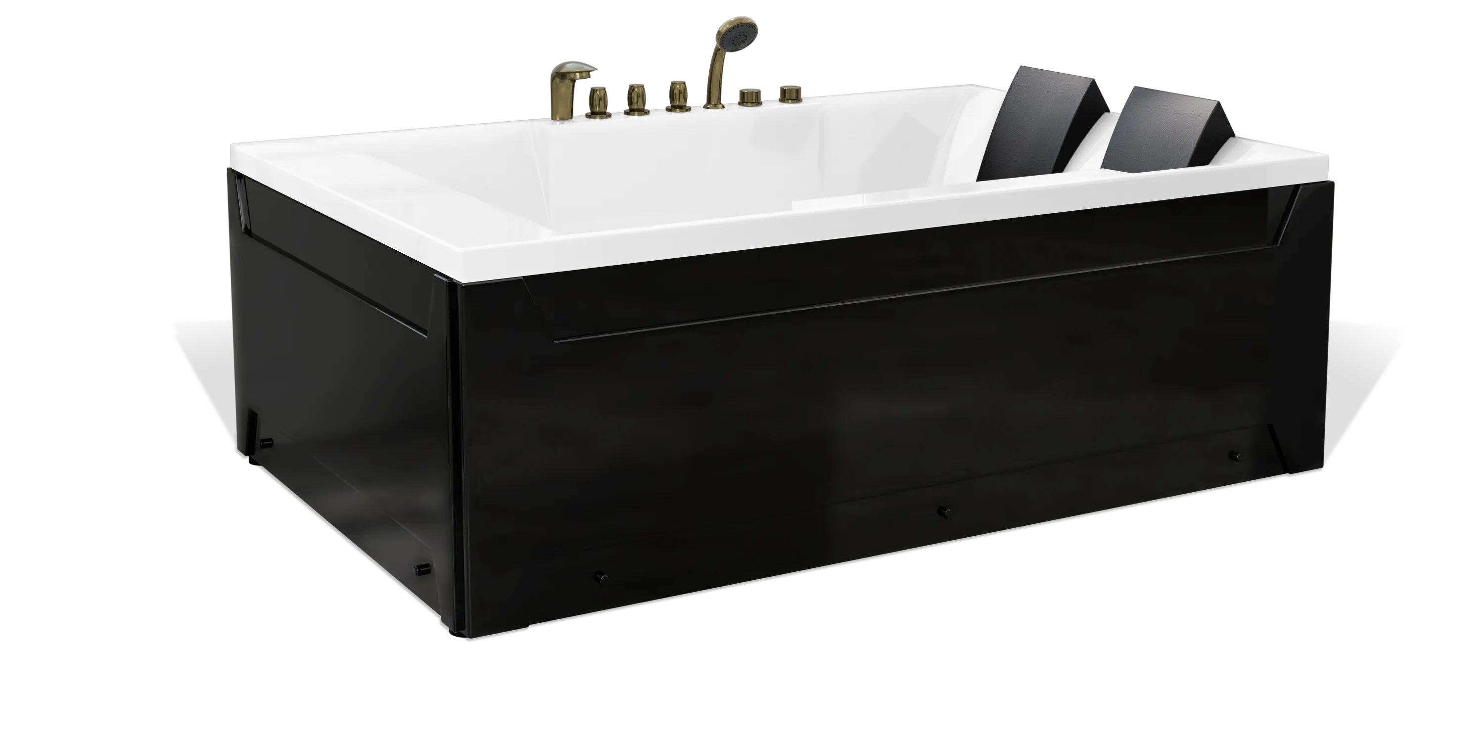 Modern black and white Empava rectangular bathtub with dual headrests and a sleek design, featuring multiple brass faucet handles and a detachable showerhead on the rim.