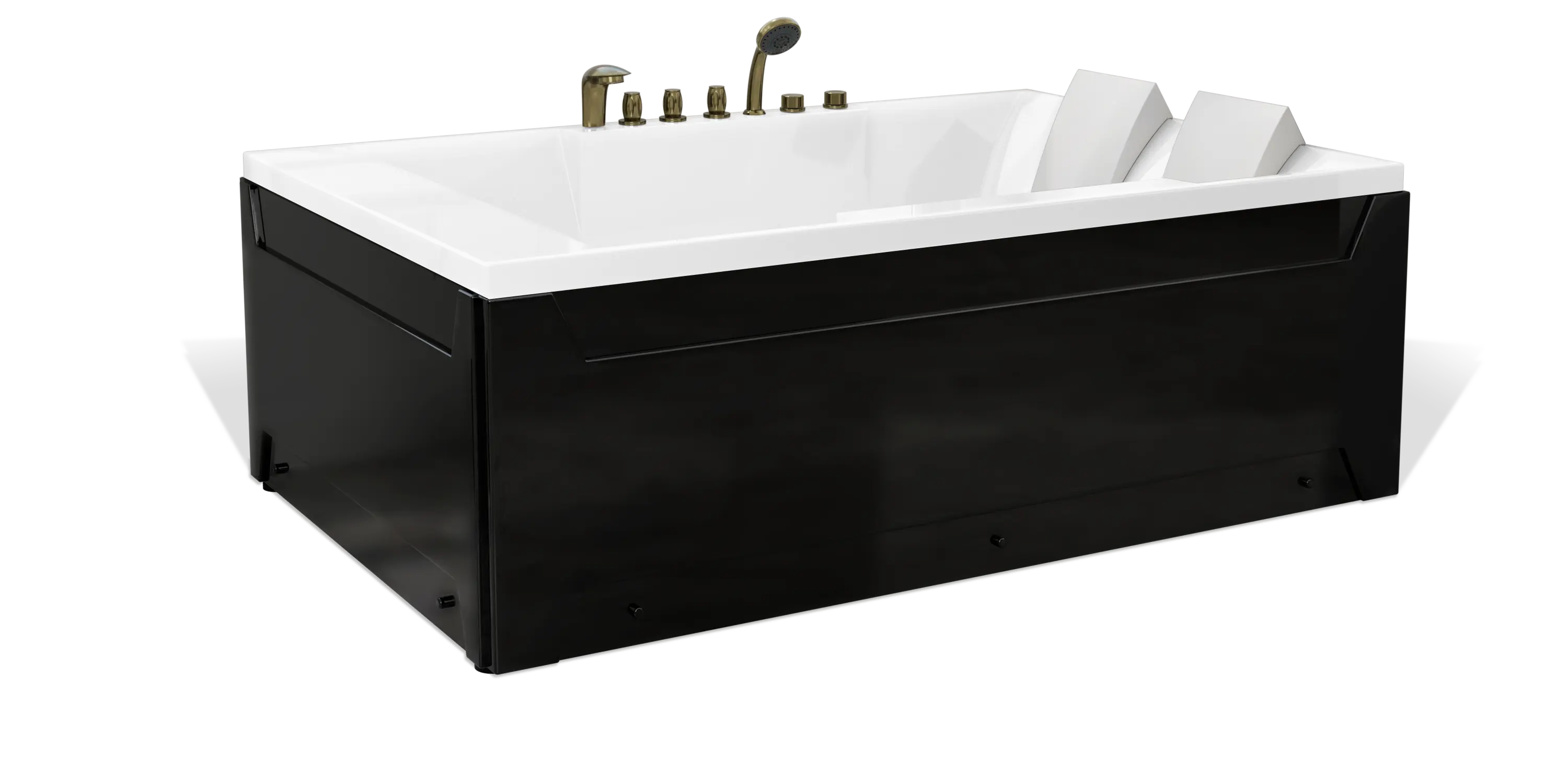 The Empava modern rectangular bathtub boasts a sleek black exterior and a pristine white interior, complete with two built-in headrests. Equipped with chrome faucet fixtures and controls conveniently positioned near the headrests, this tub offers both style and comfort.