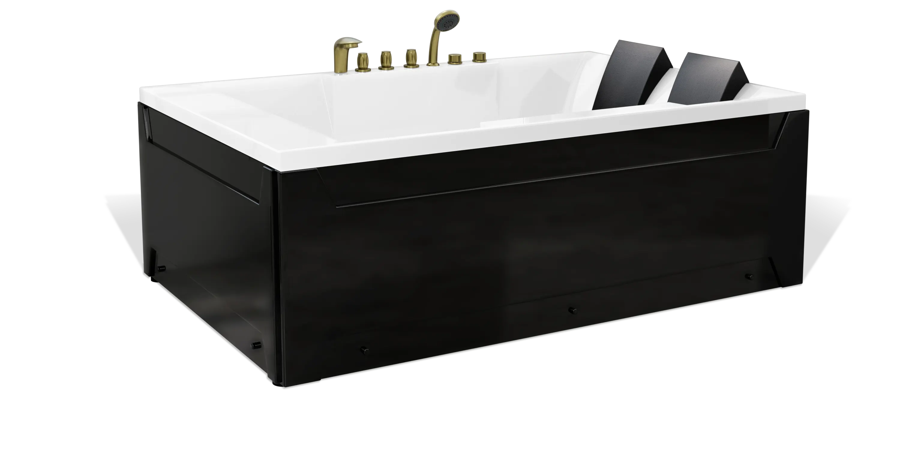 A modern rectangular Empava bathtub with a black exterior and white interior. Equipped with gold faucet handles and two black headrests, the design combines sleek lines with a luxurious finish, creating a stylish and comfortable bathing experience.