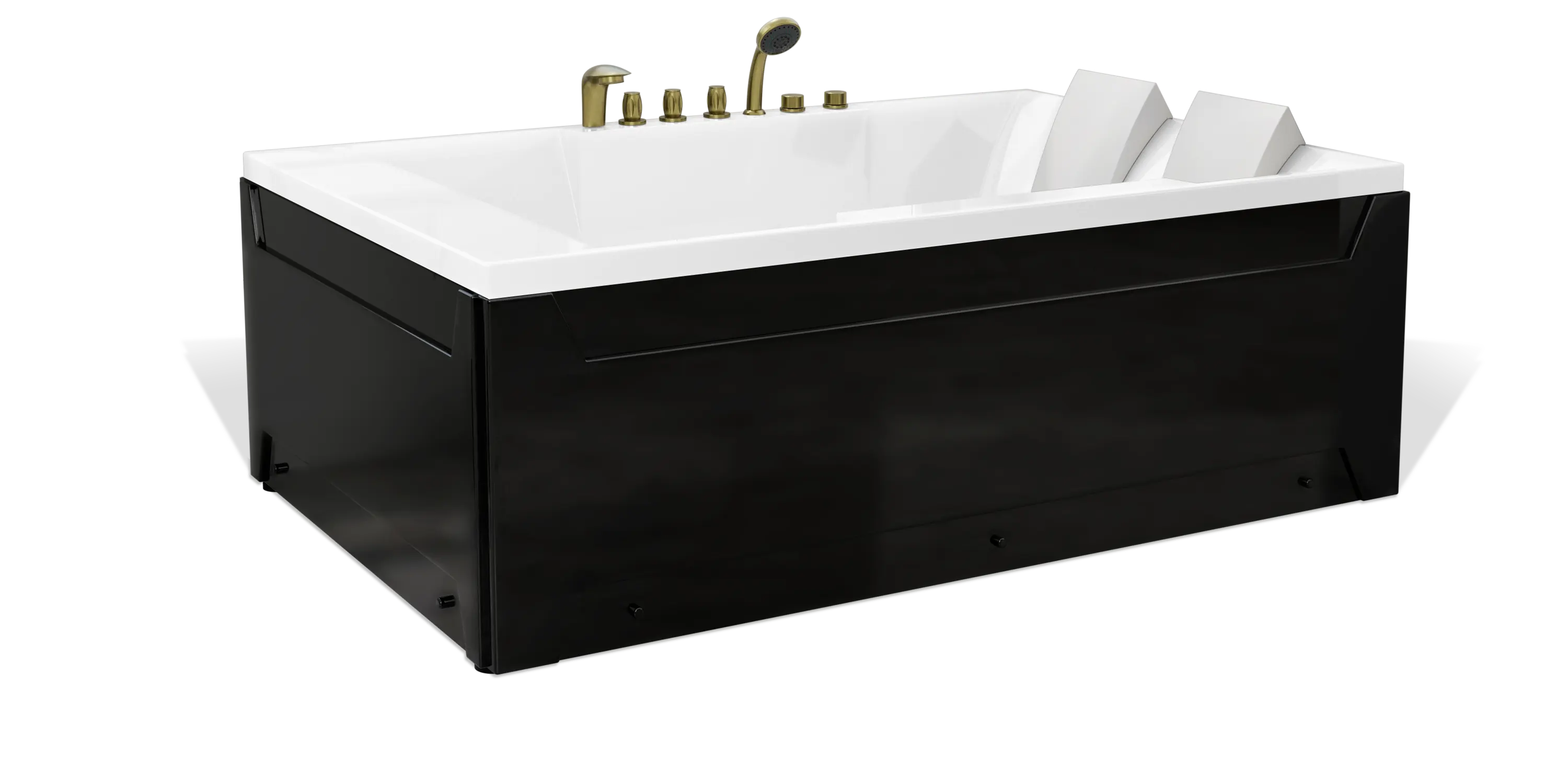 A modern black and white rectangular bathtub by Empava with gold-colored fixtures and two headrests. The tub features clean lines and a contemporary design, suggesting a high-end, luxurious bathroom fixture.