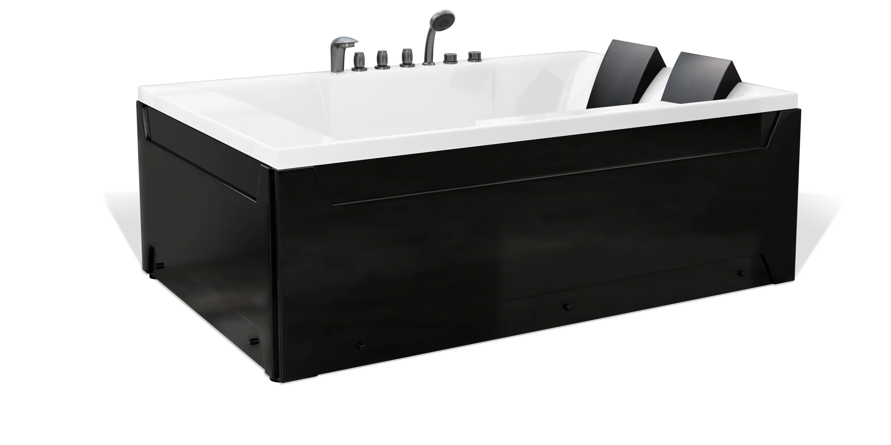 A modern black and white Empava rectangular bathtub featuring two black headrests and multiple chrome faucet fixtures, including a handheld showerhead. The bathtub has a sleek, contemporary design with clean lines and a smooth surface.