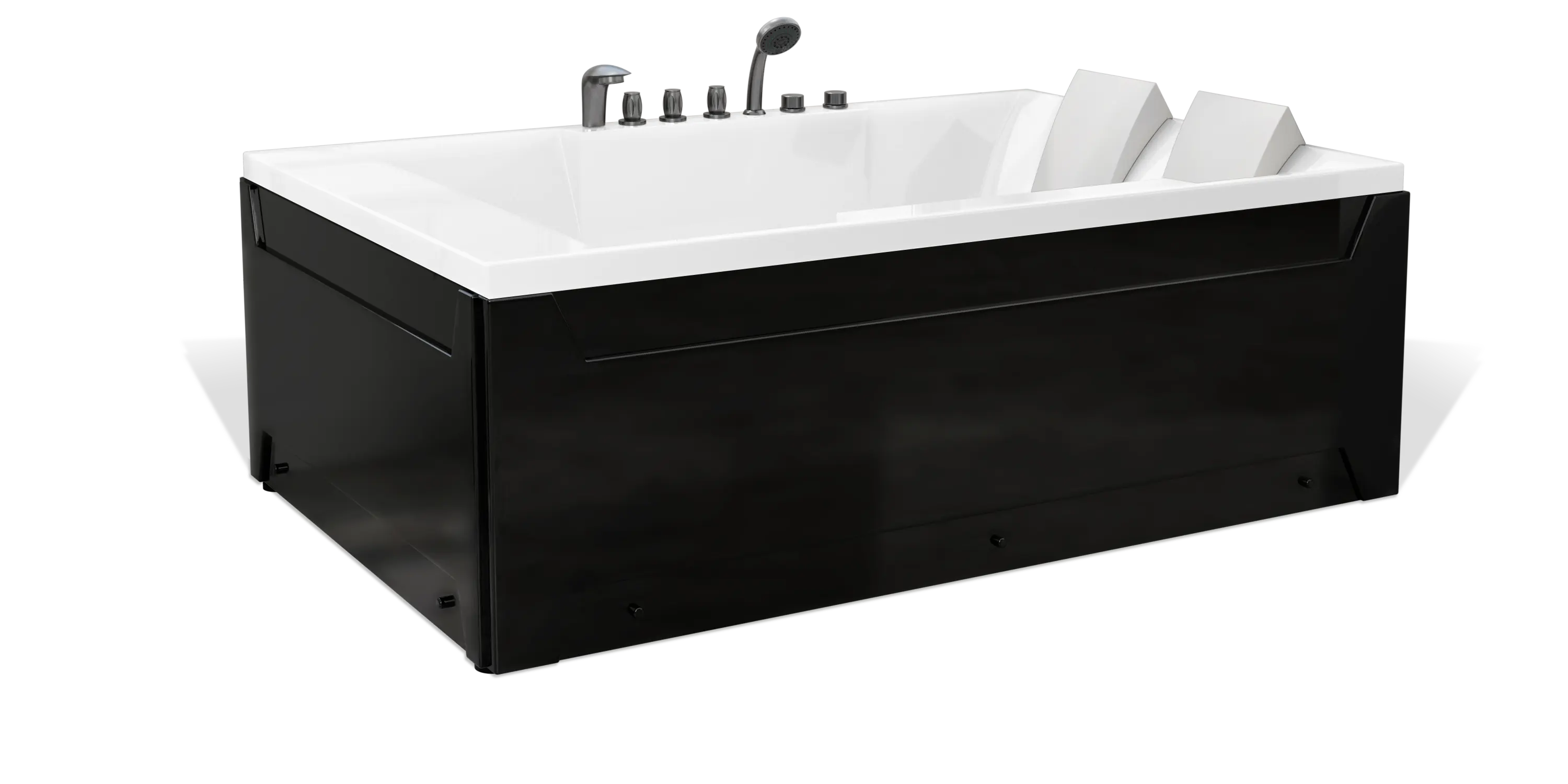 The Empava modern rectangular bathtub boasts a sleek black exterior and a pristine white interior. It features two built-in headrests at one end, with chrome faucet controls and a handheld showerhead conveniently positioned on the rim near the headrests.