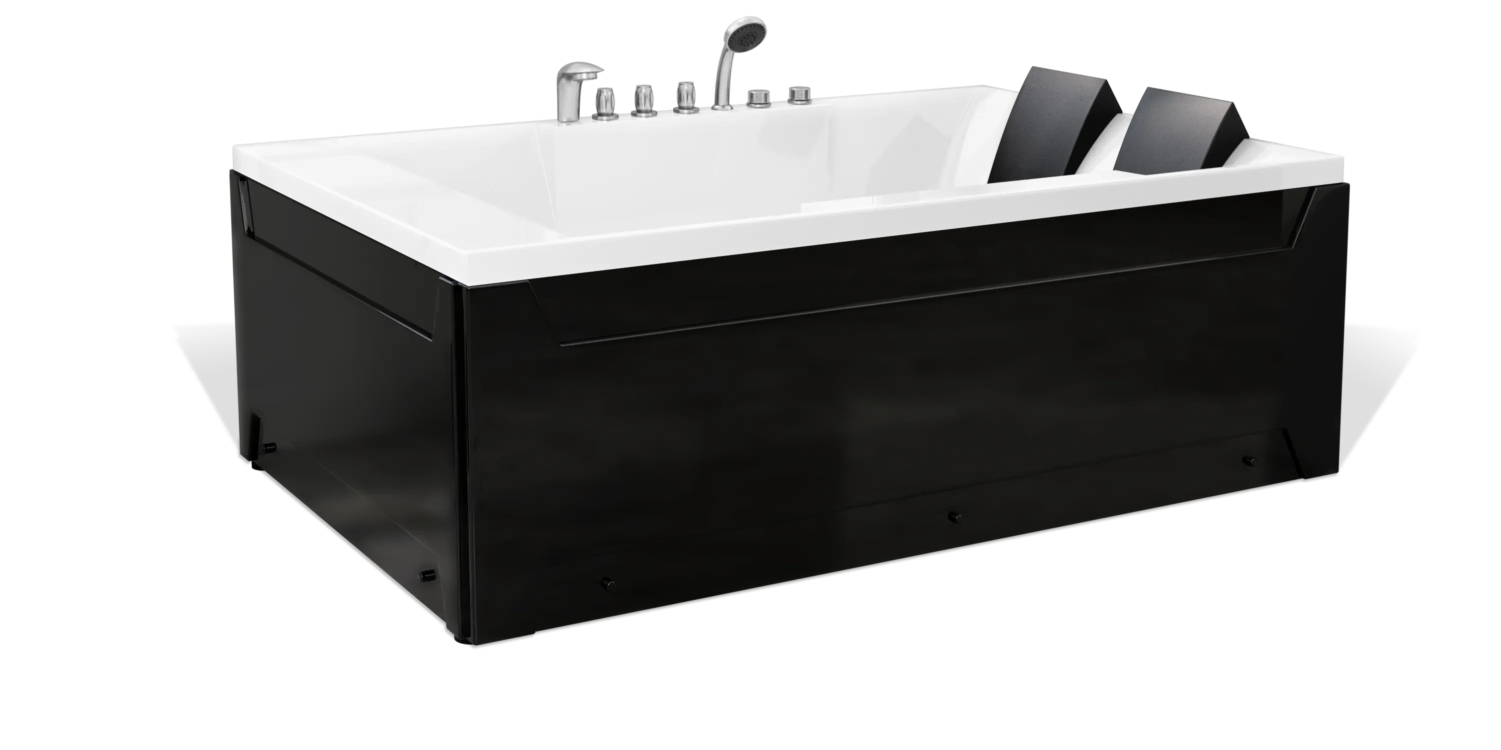 An Empava modern rectangular bathtub with a sleek black and white design. The tub features two headrests, a set of faucets, knobs, and a handheld showerhead on one side. The exterior boasts a minimalist matte black finish.