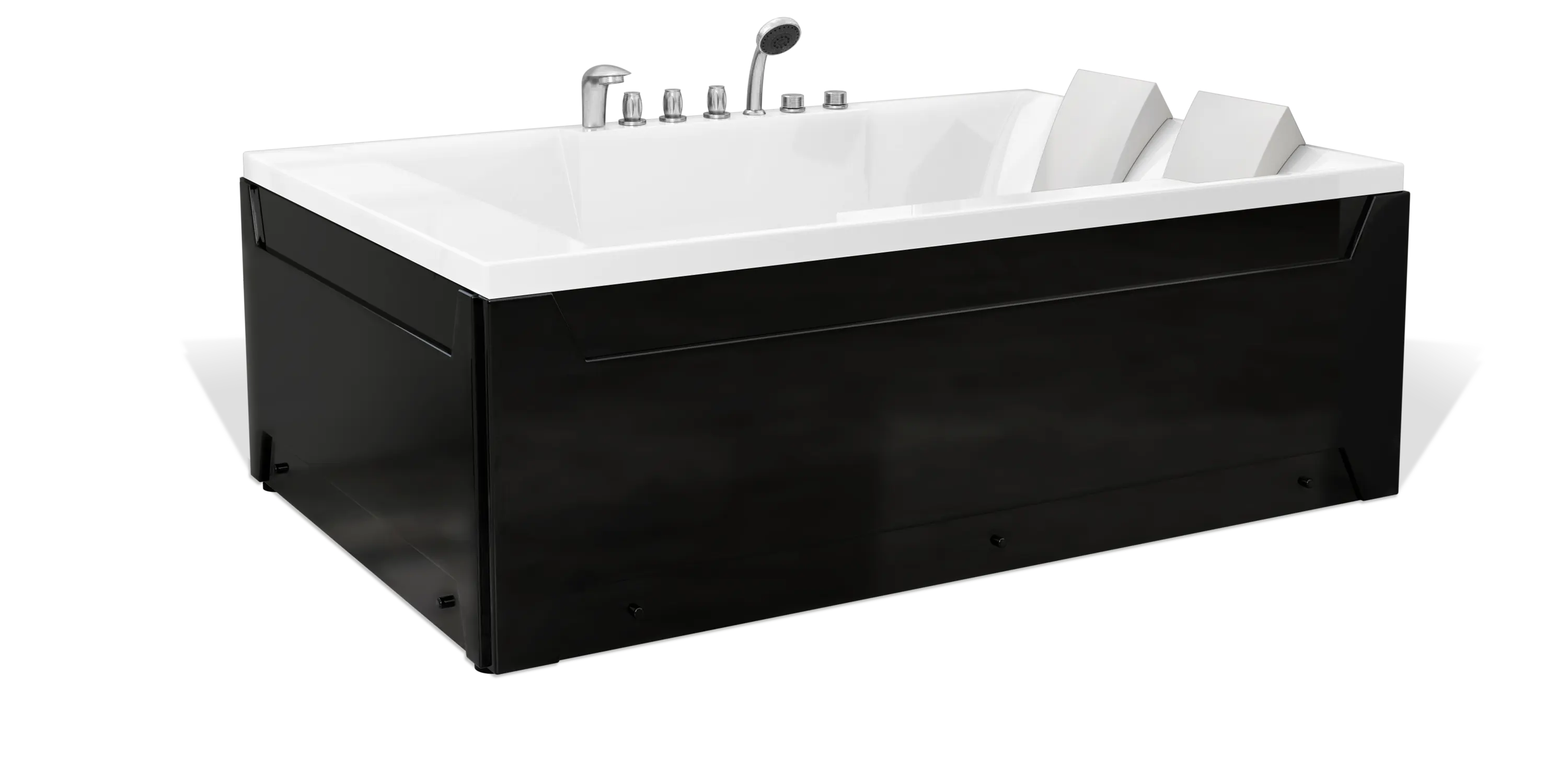 A sleek Empava black and white modern bathtub features two headrests, multiple chrome faucets, and controls. It boasts a spacious interior with built-in armrests for comfort in its elegantly rectangular design.