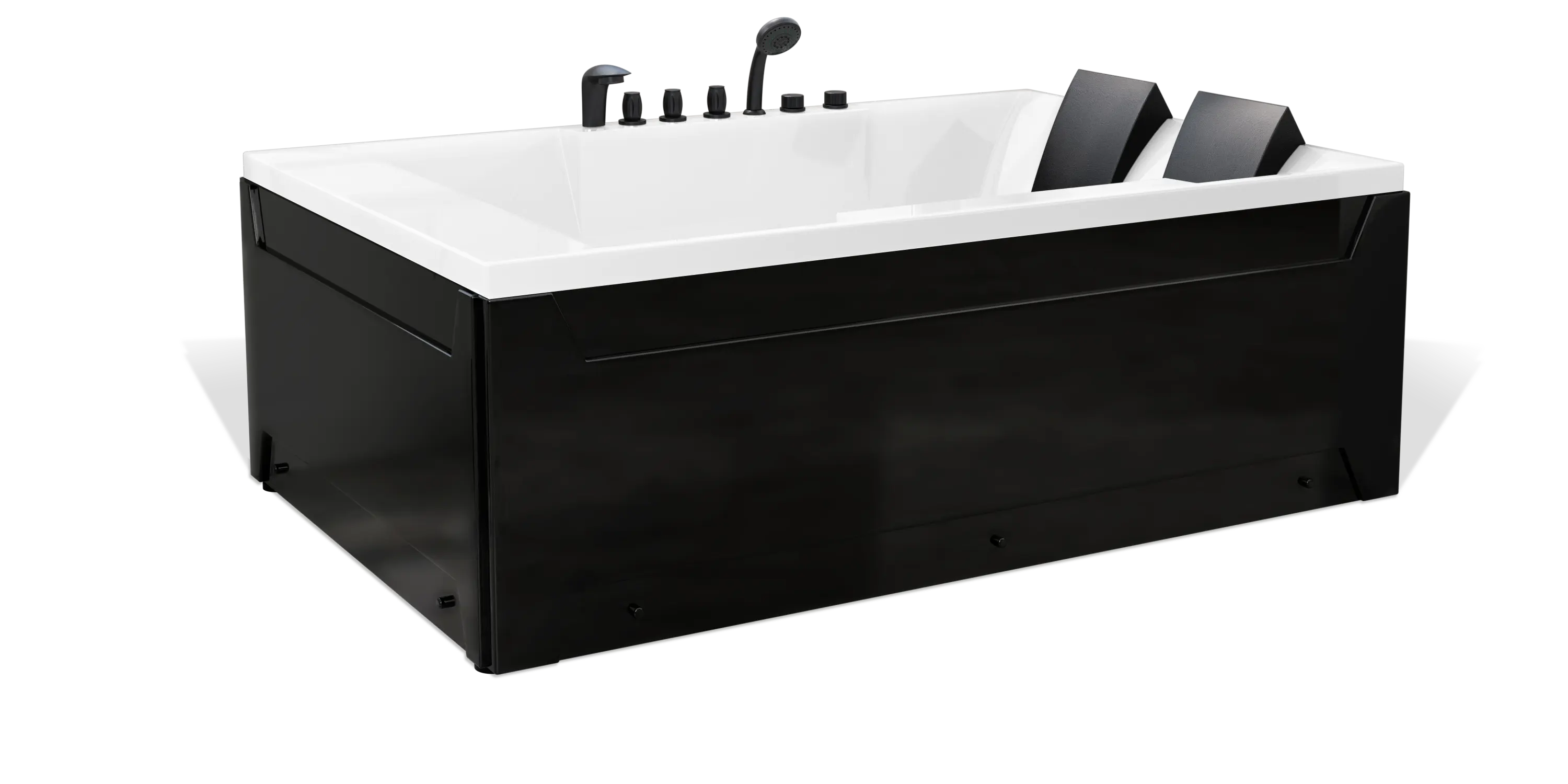 The Empava black and white rectangular bathtub features dual headrests and multiple faucets, including knobs and a handheld showerhead. Its modern design showcases a sleek exterior with sharp edges and a spacious interior for two people.