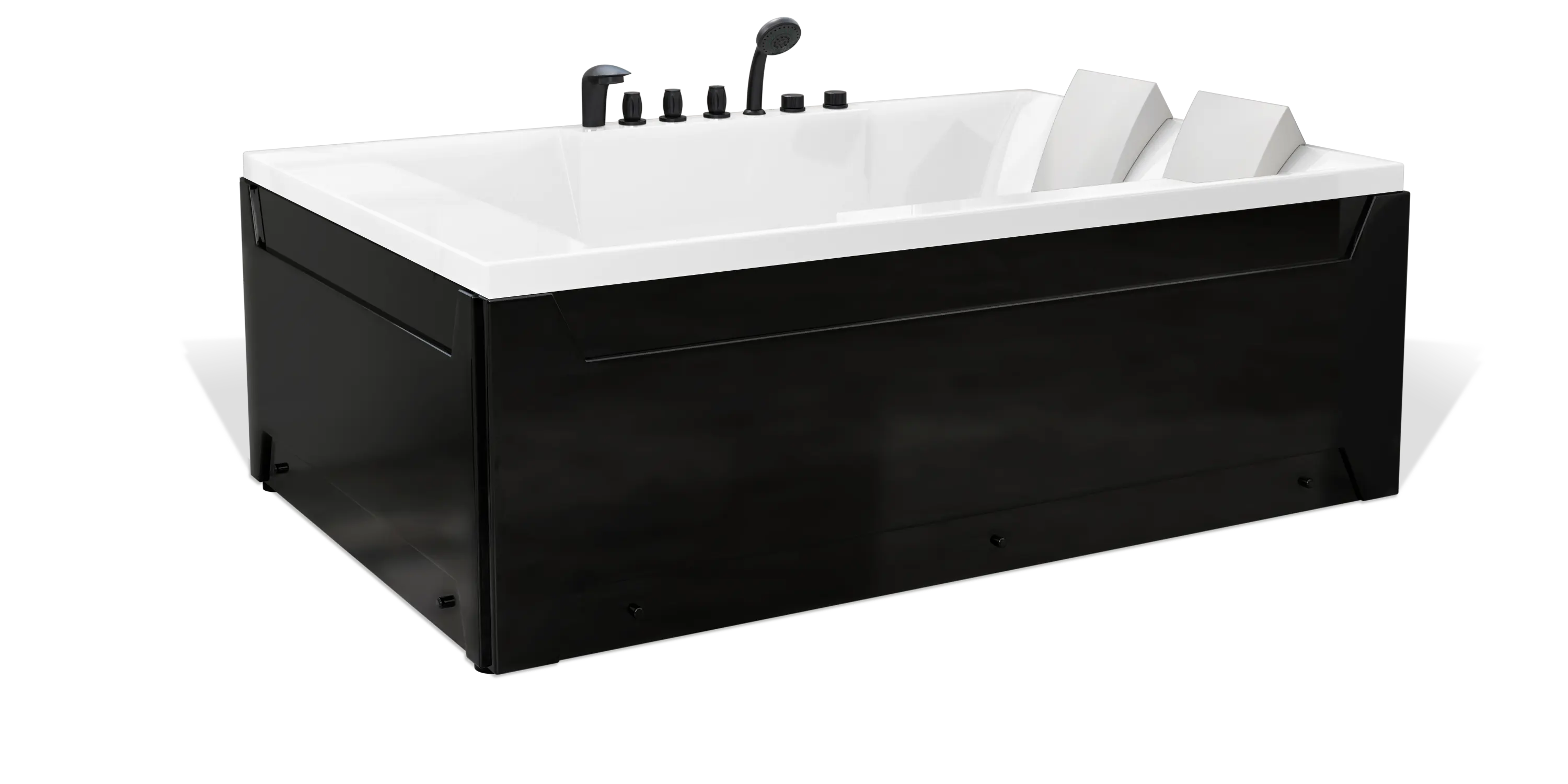 The Empava bathtub is a sleek, modern rectangular tub with a black outer casing and white interior. It features two white headrests, chrome-finished faucets, and edge-mounted controls. The bathtub delivers a stylish and contemporary design, perfect for a luxurious bathroom.