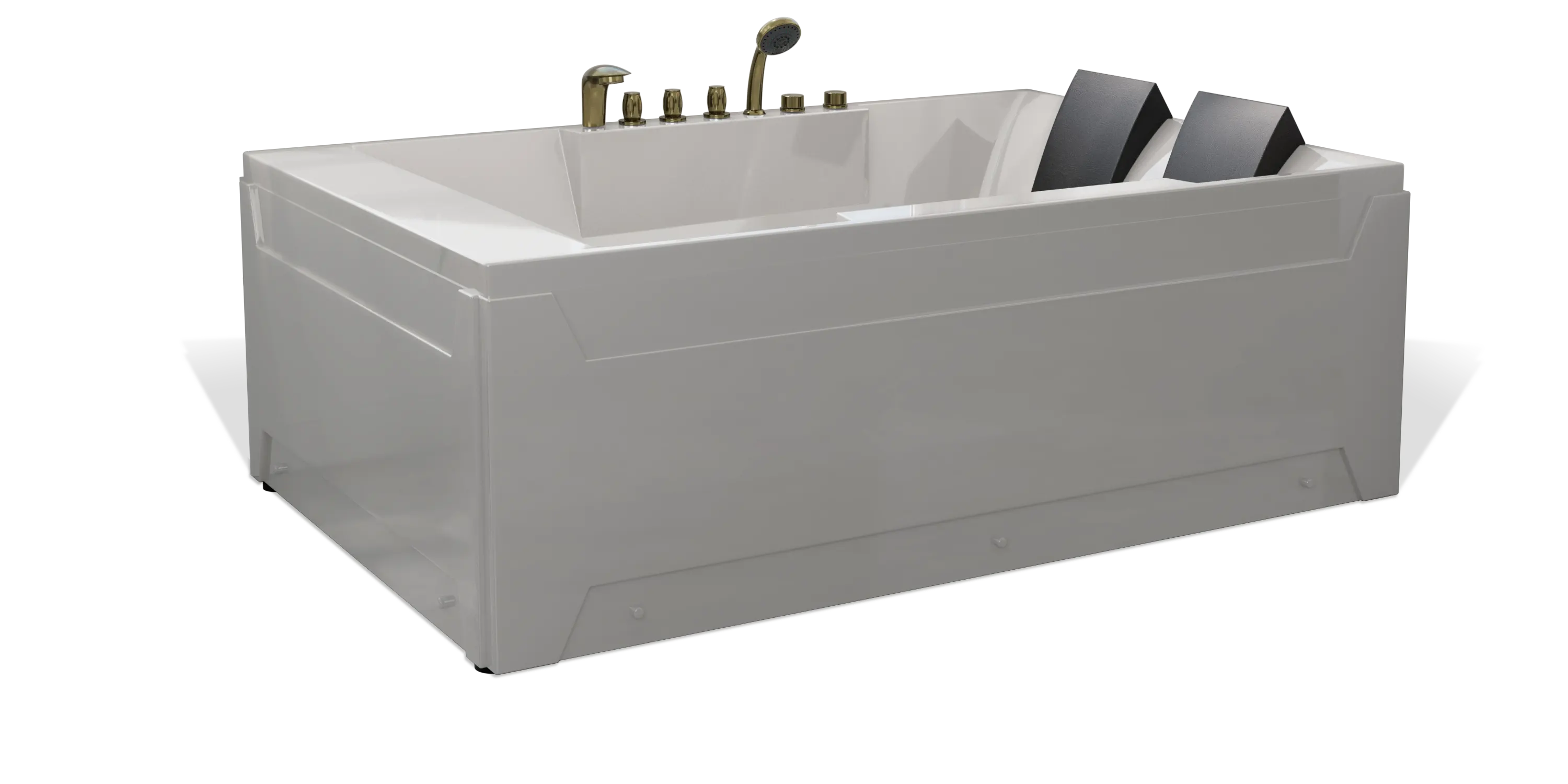 The Empava modern, rectangular bathtub boasts a sleek design, featuring built-in black headrests on both ends and stainless steel fixtures, including a faucet, hand shower, and controls. The bathtub has a smooth white finish and clean lines.