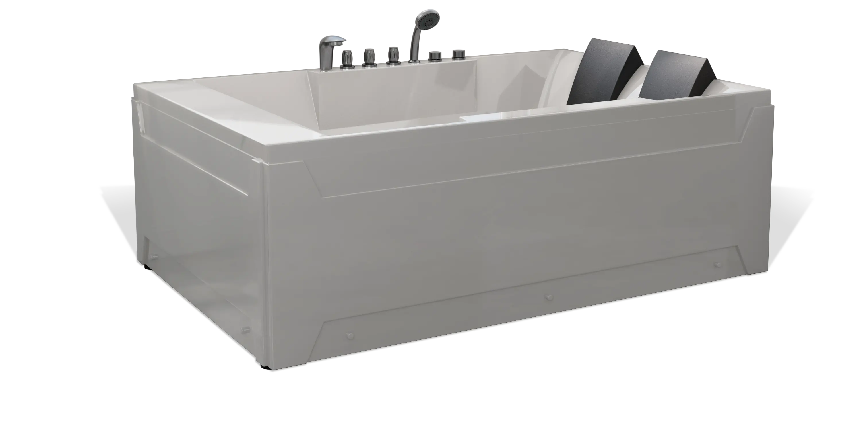 The Empava modern bathtub boasts a sleek design, featuring two black headrests at one end and multiple metallic controls, including a faucet and handles, at the other. Designed for comfortable dual occupancy, it offers a minimalist and angular aesthetic perfect for contemporary bathrooms.