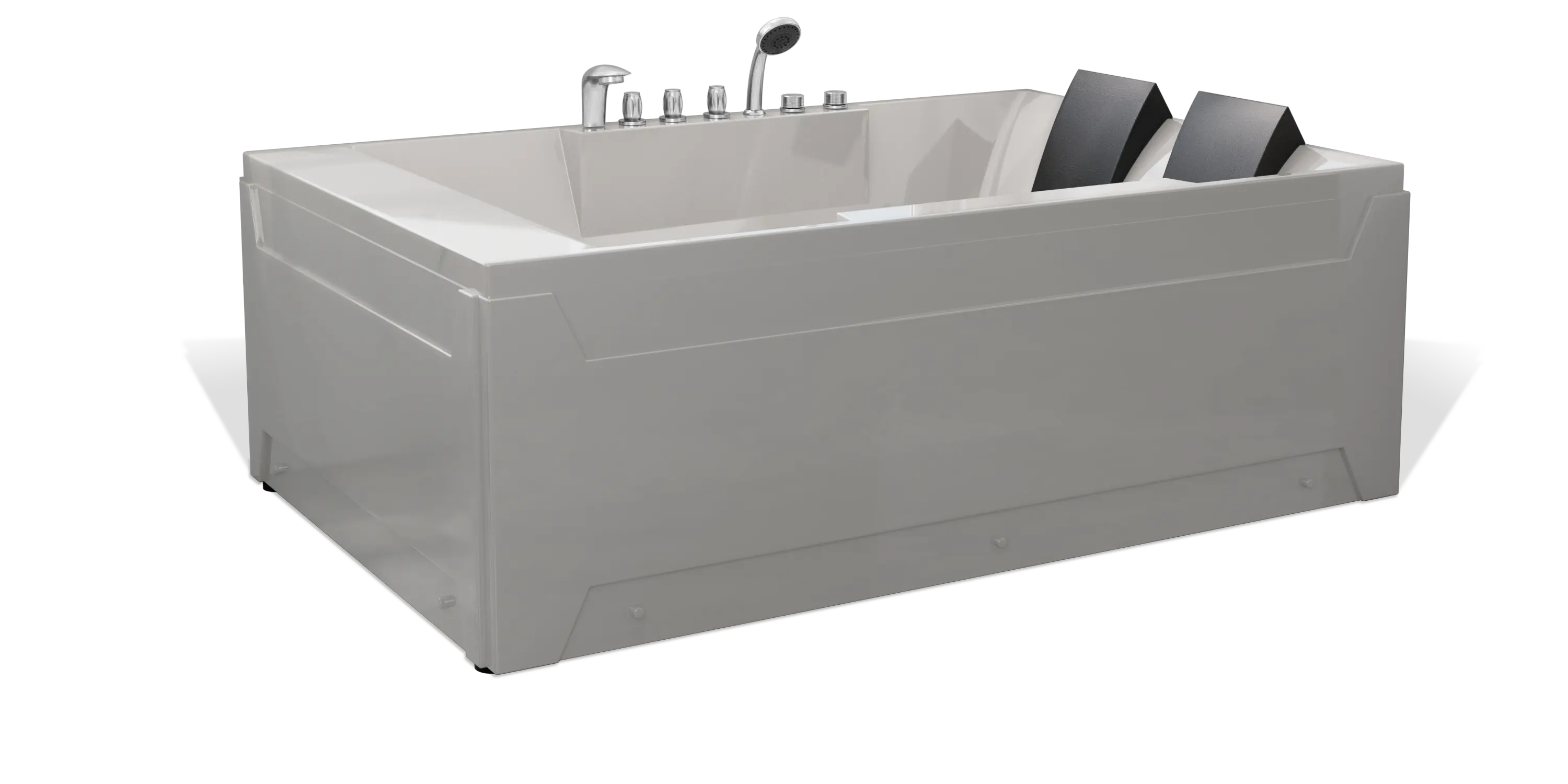 A modern rectangular Empava bathtub with a sleek gray finish. It has two black headrests on the inside and chrome fixtures, including a faucet and control knobs mounted on the top edge.