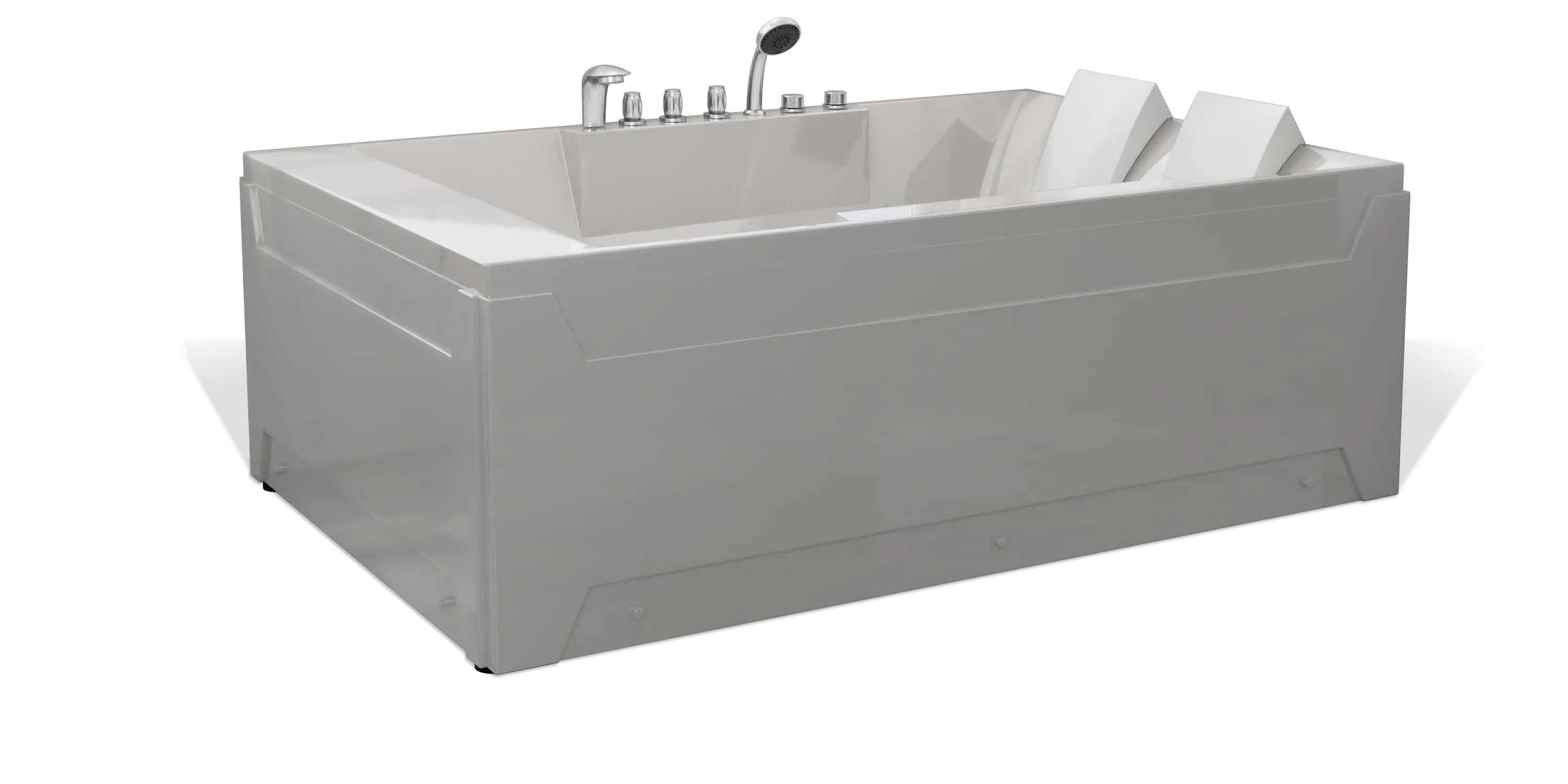 A modern rectangular Empava bathtub with a sleek gray finish. It has two black headrests on the inside and chrome fixtures, including a faucet and control knobs mounted on the top edge.