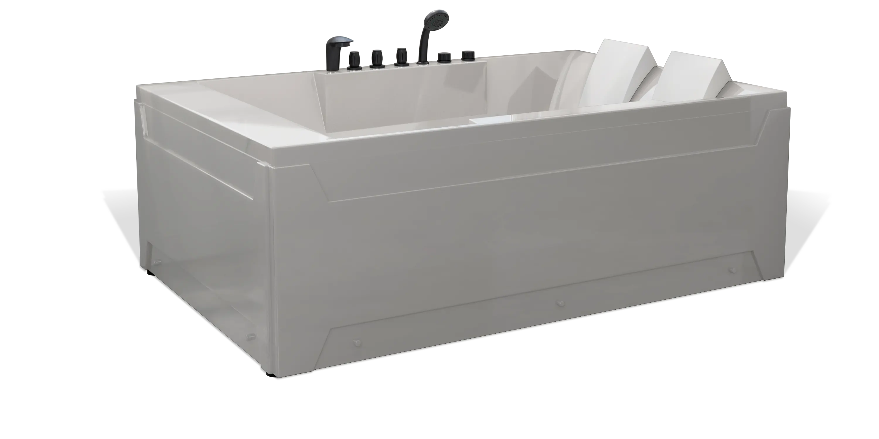 A sleek, modern Empava bathtub with an integrated headrest, armrests, and faucet. The tub has a rectangular shape and is designed to offer comfort and style. It features multiple control handles on the side for easy access.