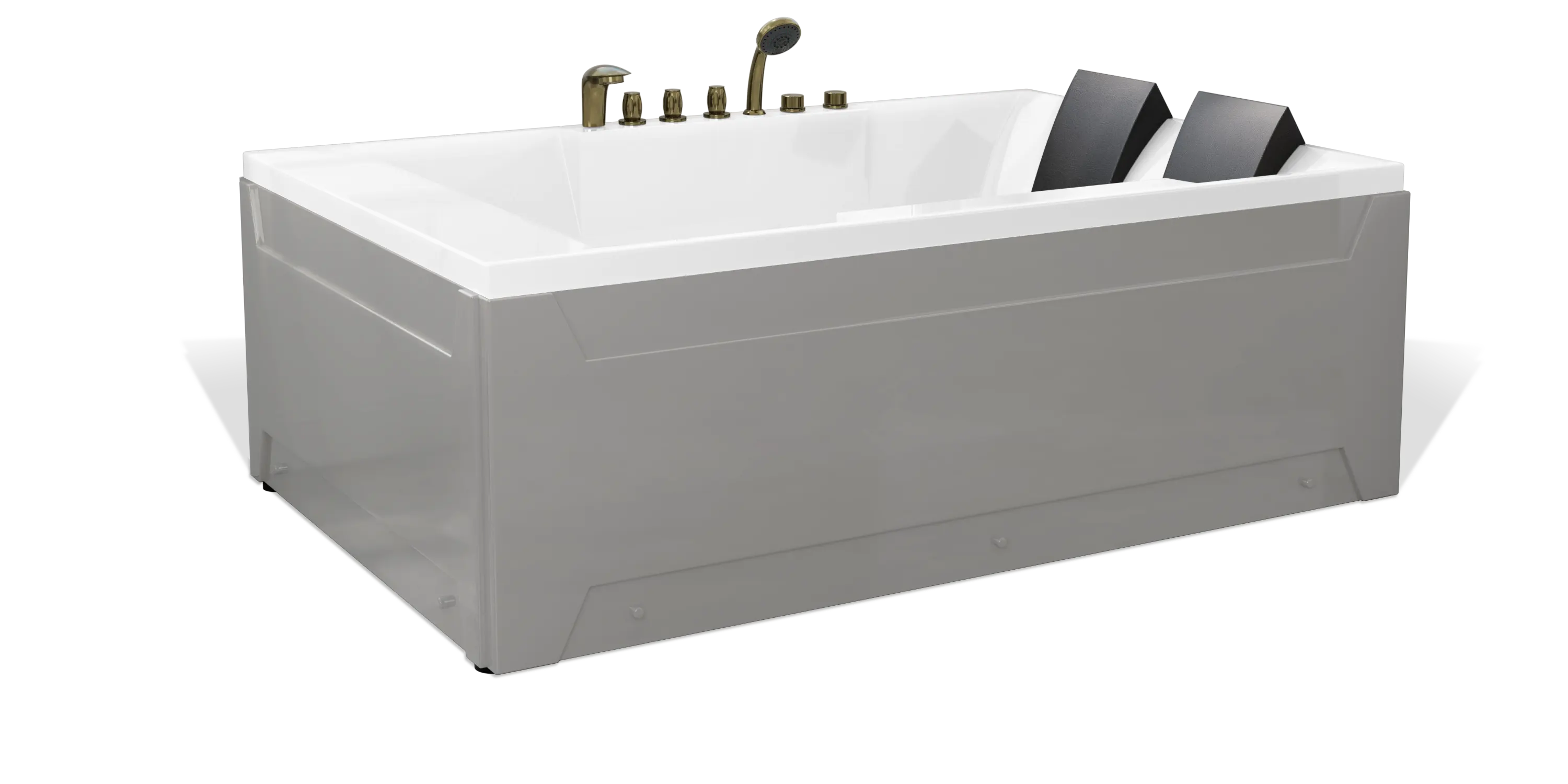 The Empava modern white bathtub boasts sleek, angular sides, two black headrests, chrome faucets, and a hand-held shower nozzle. This freestanding bathtub features a contemporary design perfect for any stylish bathroom.