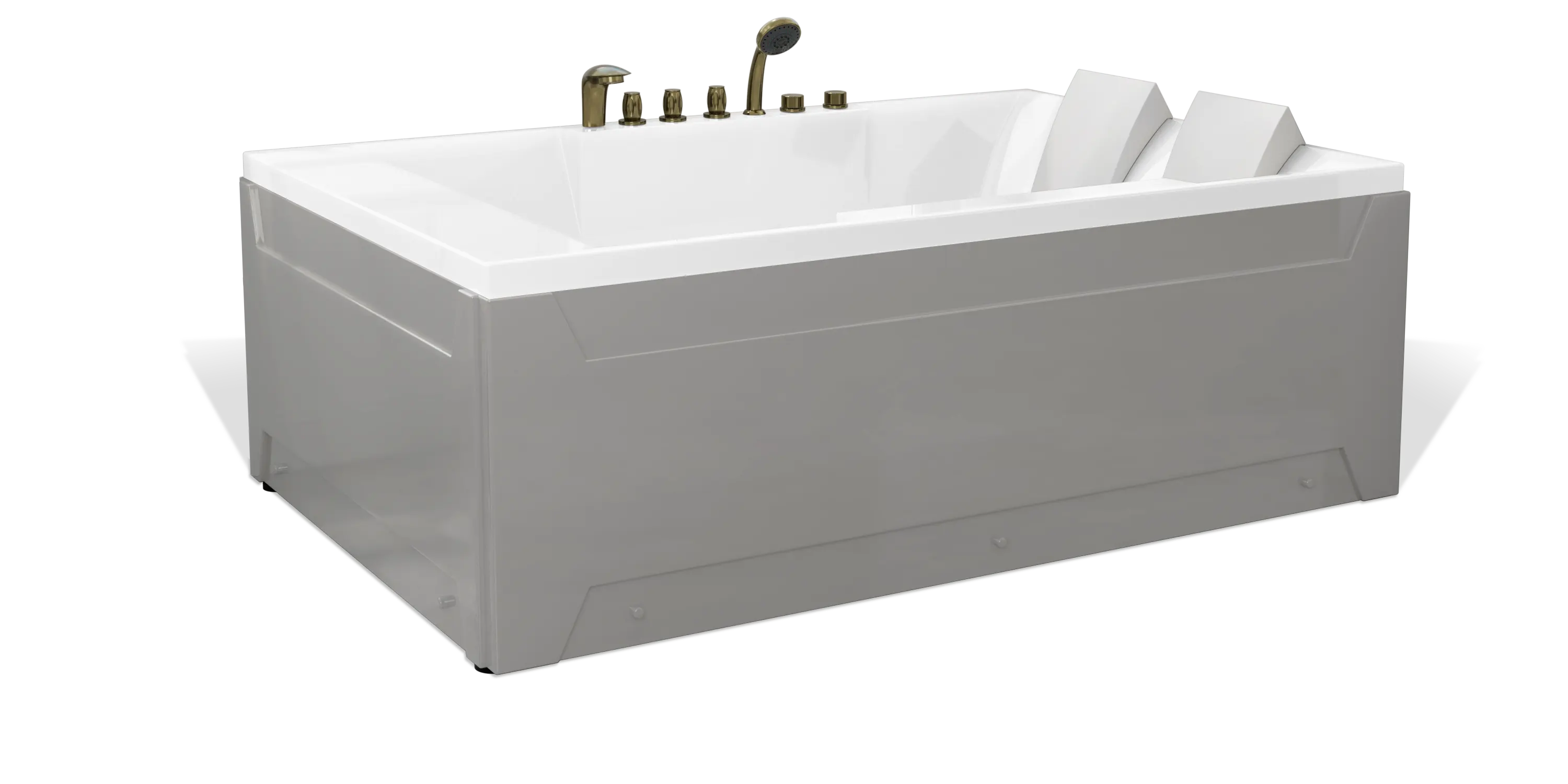 A modern rectangular bathtub by Empava with a sleek gray exterior. It features two built-in headrests for added comfort, and a set of chrome faucets and controls on one end. The tub is freestanding and designed for contemporary bathroom interiors.