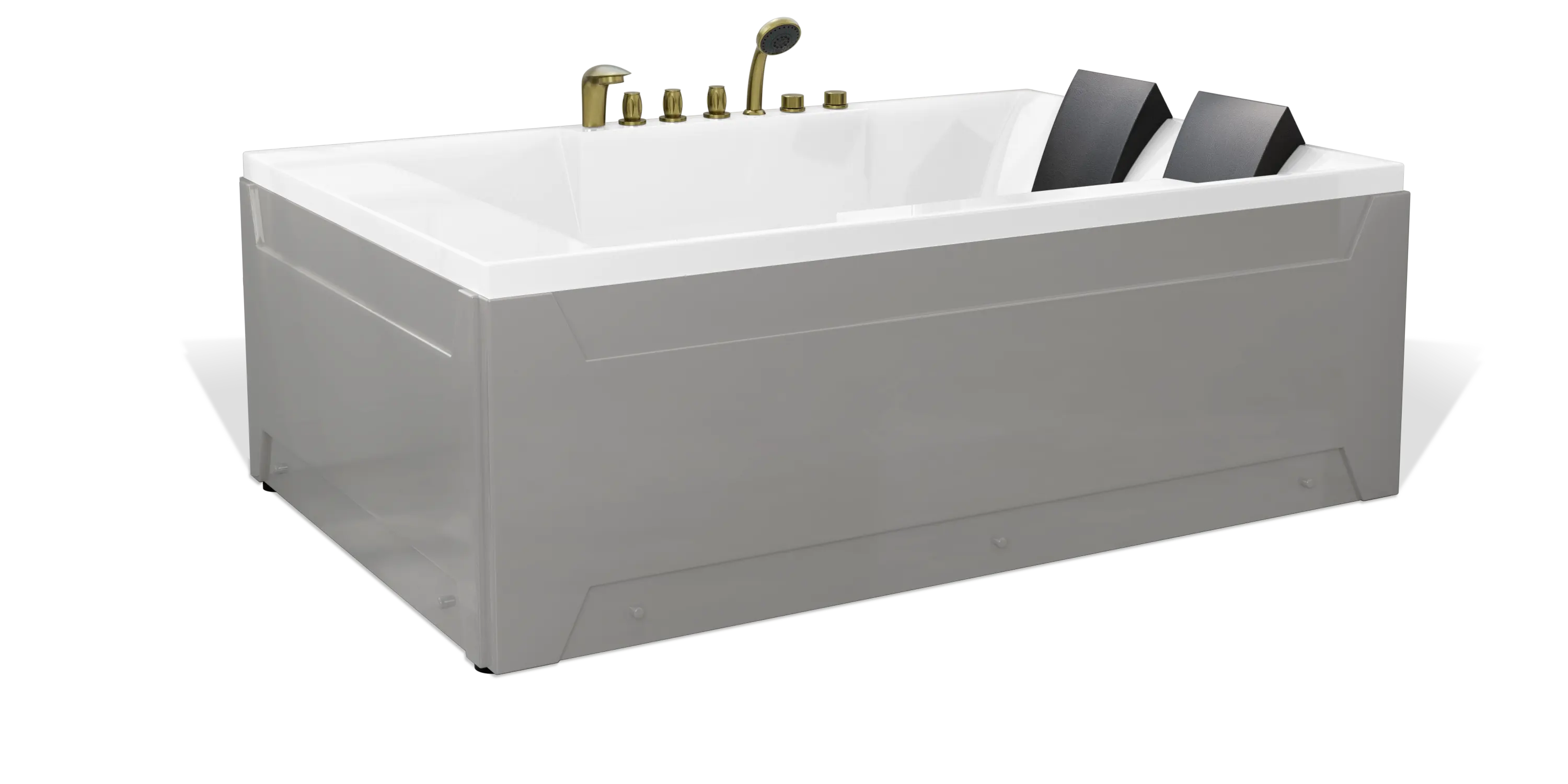 A modern, rectangular Empava bathtub with a white interior and light gray exterior. The tub features dual headrests, multiple faucets, and controls on the top edge, likely for a built-in spa or jacuzzi system.